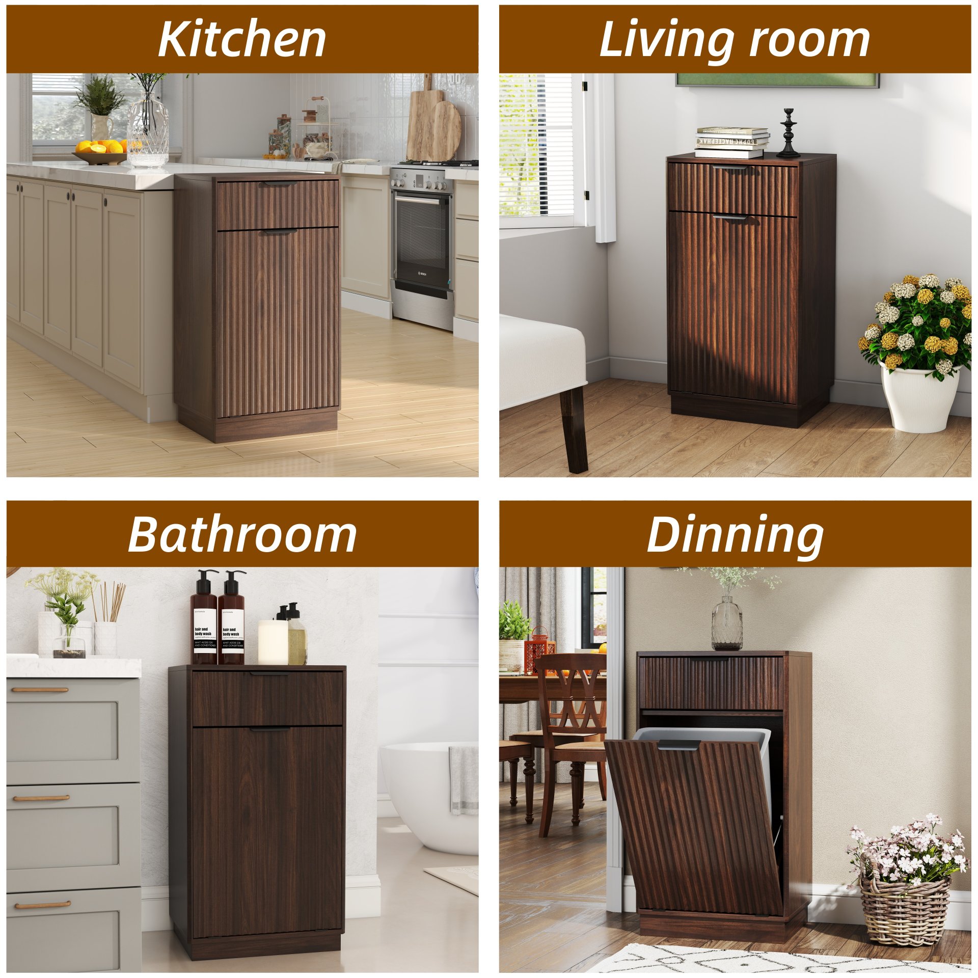 Tilt Out Trash Can Cabinet With Wave Textured Drawer & Pull Out Bin - Walnut - Image 10