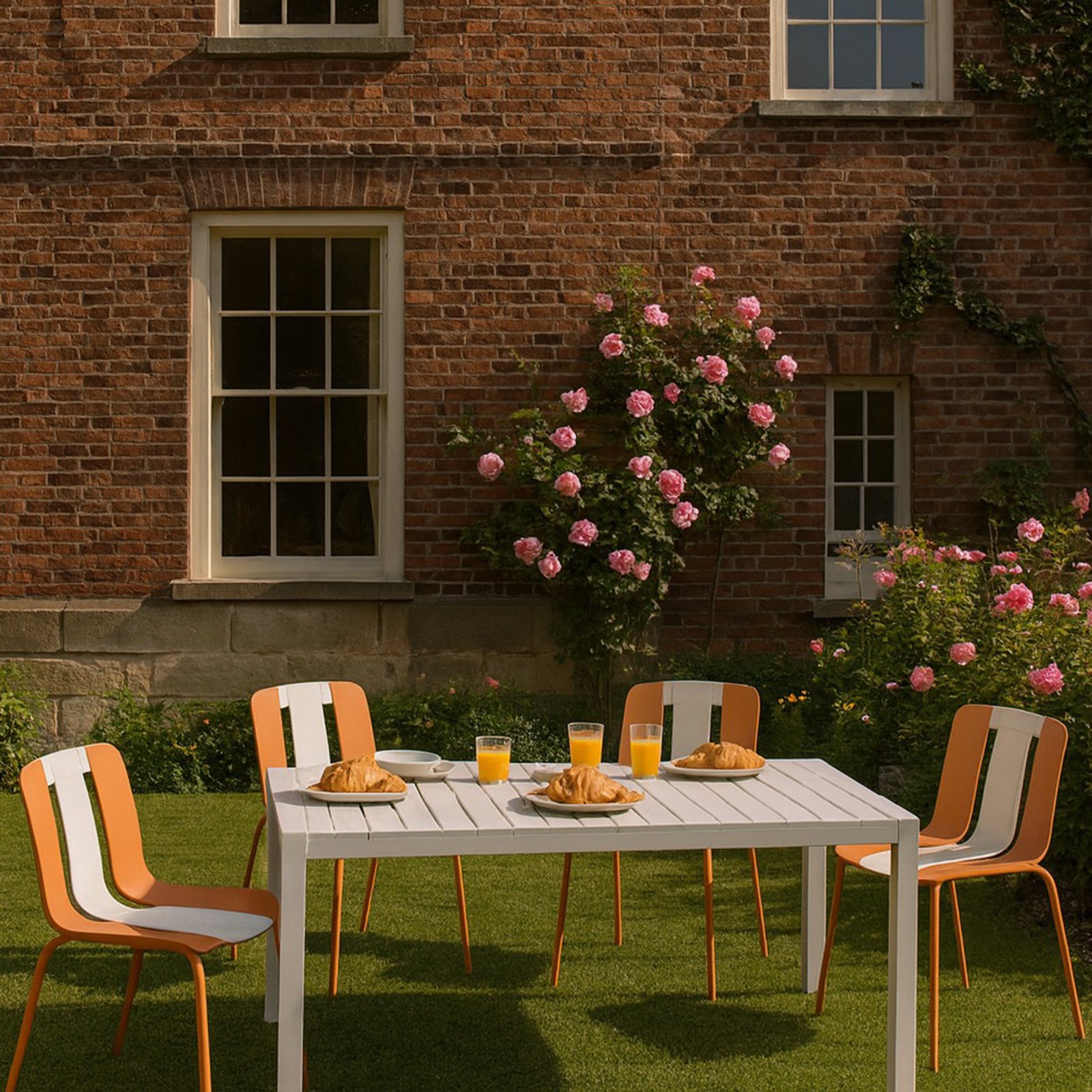 4 Piece Set Of Striped Color Blocking Single Chairs With Long Table - Beige / Tropical Orange / White - Image 17