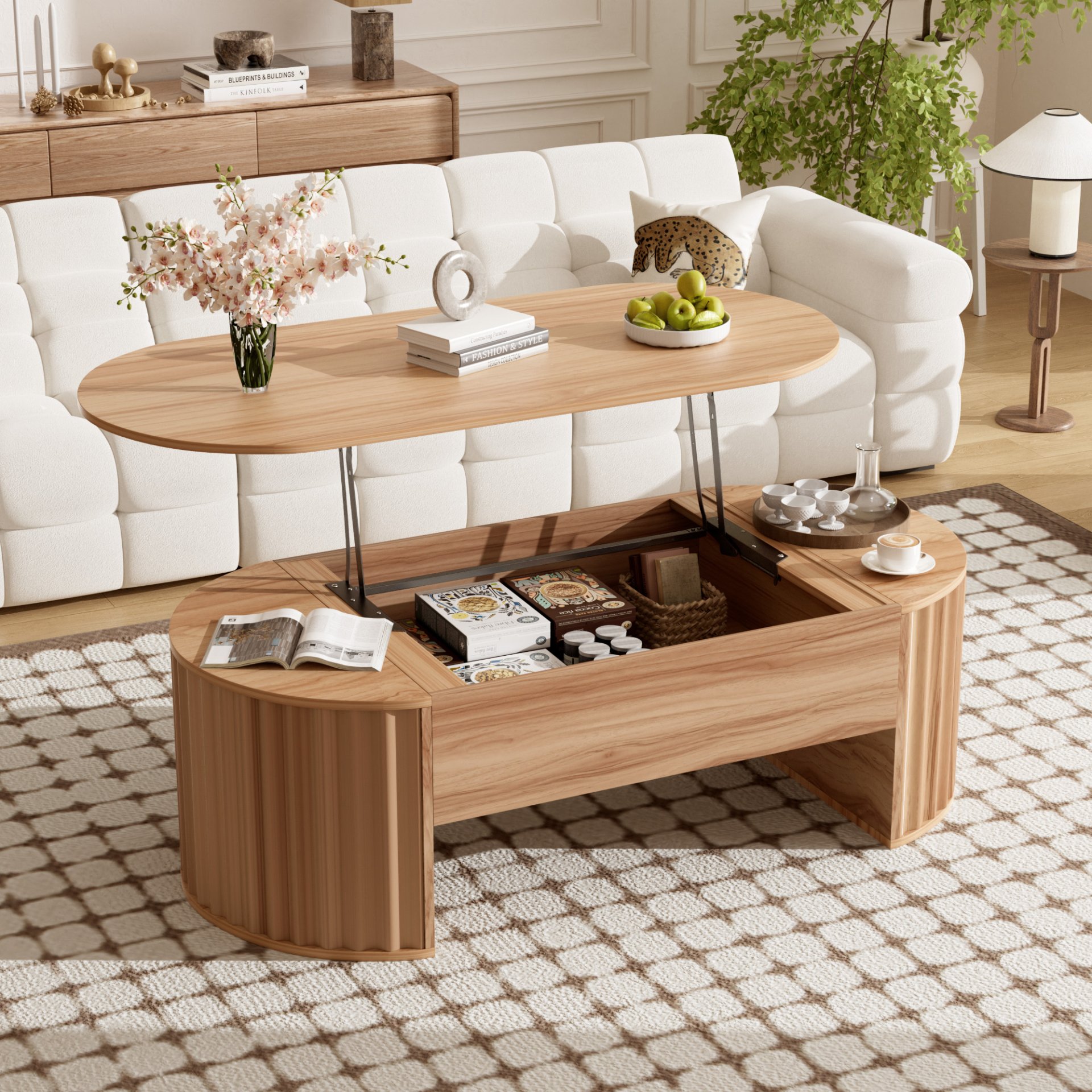 Lift Top Coffee Table With Hidden Compartment, Modern Oval Lift Tabletop For Home Living Room - Light Brown - Image 3