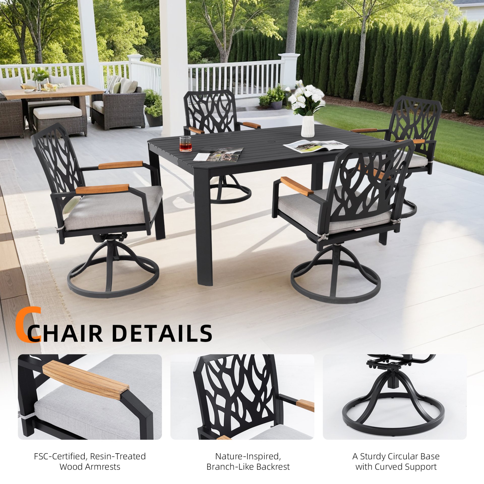 5 Pieces Outdoor Patio Furniture Set, 4 Swivel Rockers Sunbrella Fabric Cushioned, Rectangular Table With Umbrella Hole - Bourbon Brown - Image 7