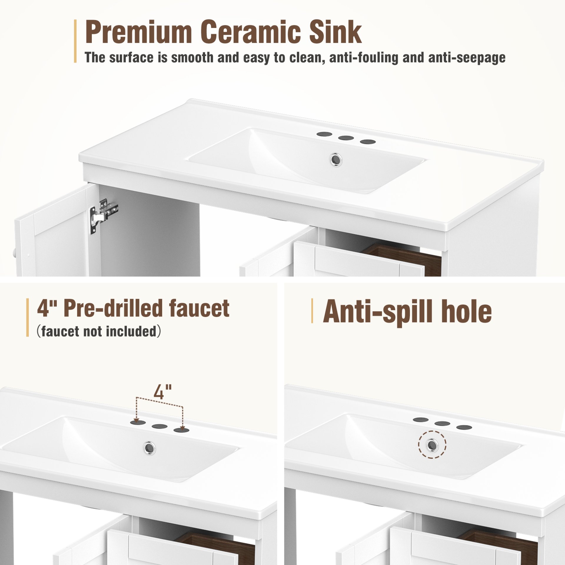 Shaker Free Standing Bathroom Vanity Cabinet With Sink, Soft Close Drawers And Doors - White - Image 8
