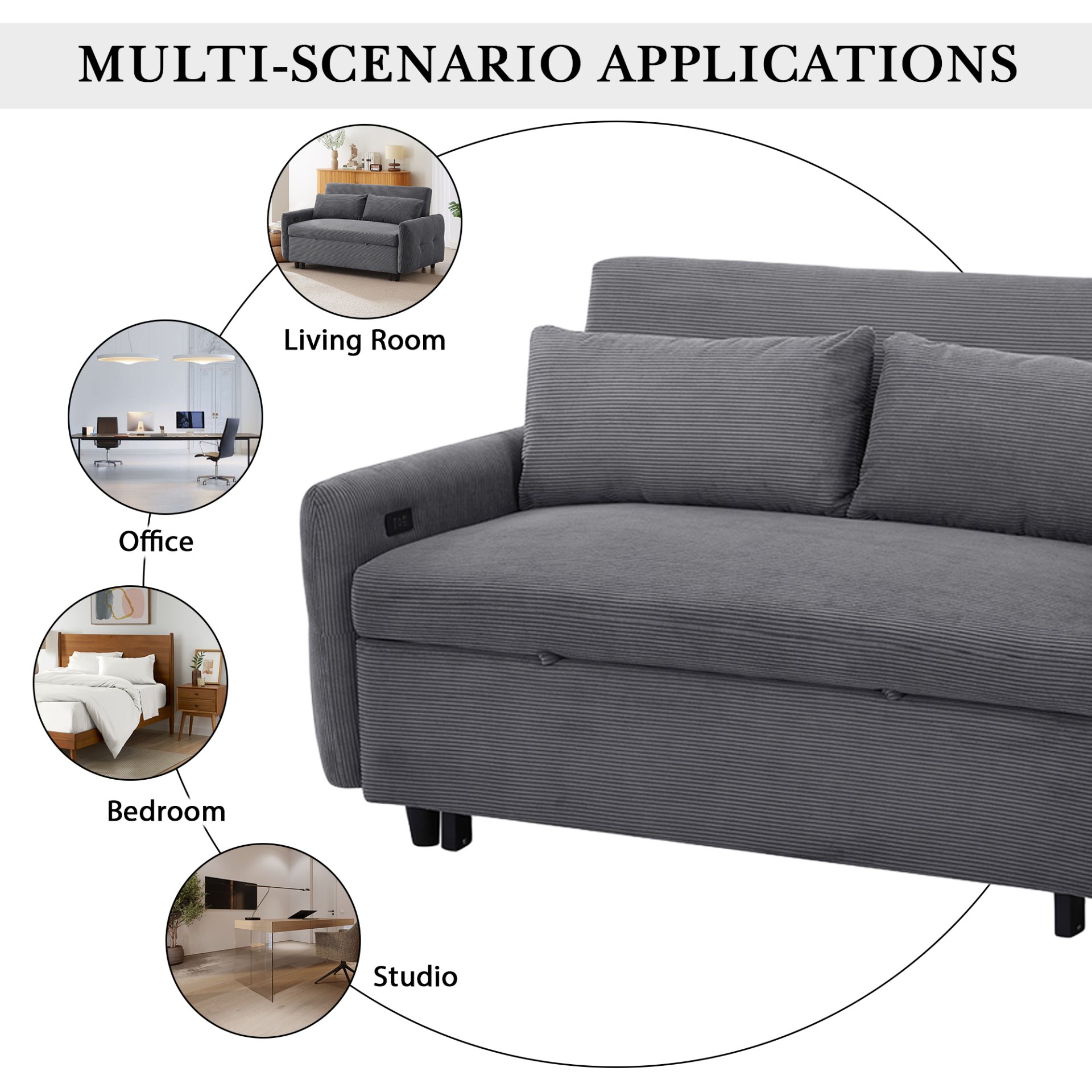 Pull Out Sofa Bed Convertible Couch 2 Seat Loveseat Sofa Modern Sleeper Sofa With 2 Throw Pillows And USB Ports For Living Room - Dark Gray - Image 7