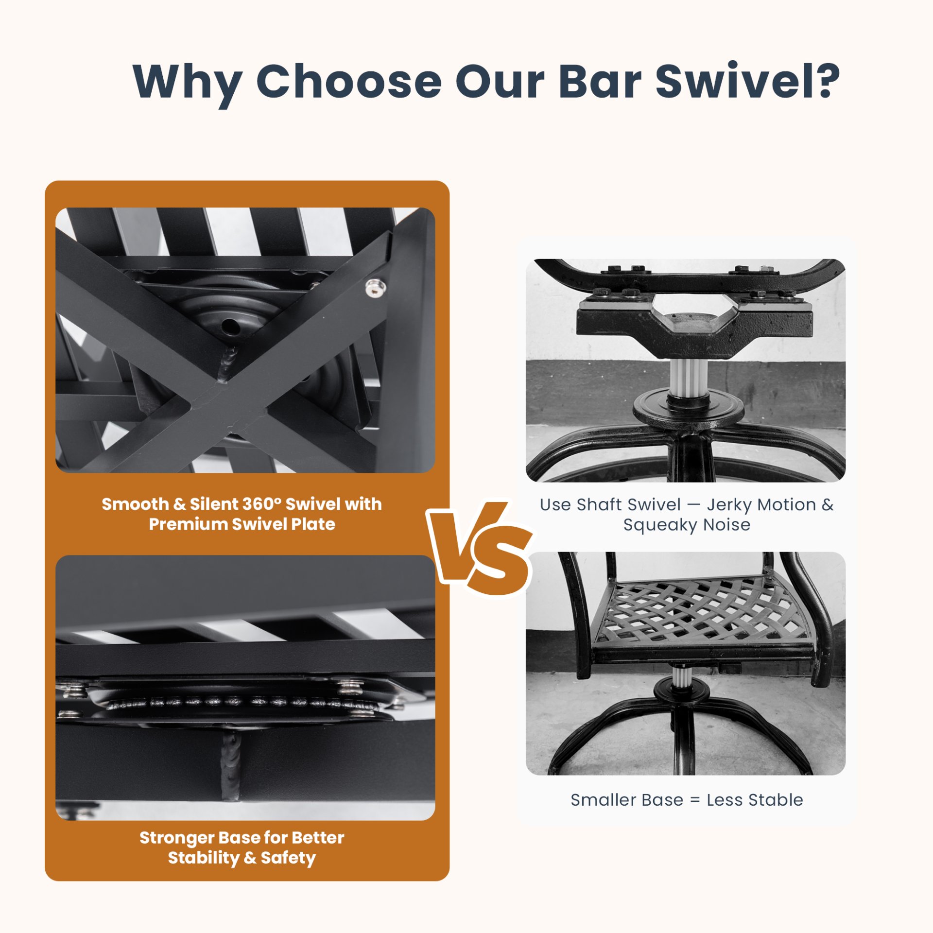 5 Pieces Outdoor Patio Bar Set, Rounded Square Table & 4 Swivel Bar Chairs - Ember Black / Linen Sesame - Image 5