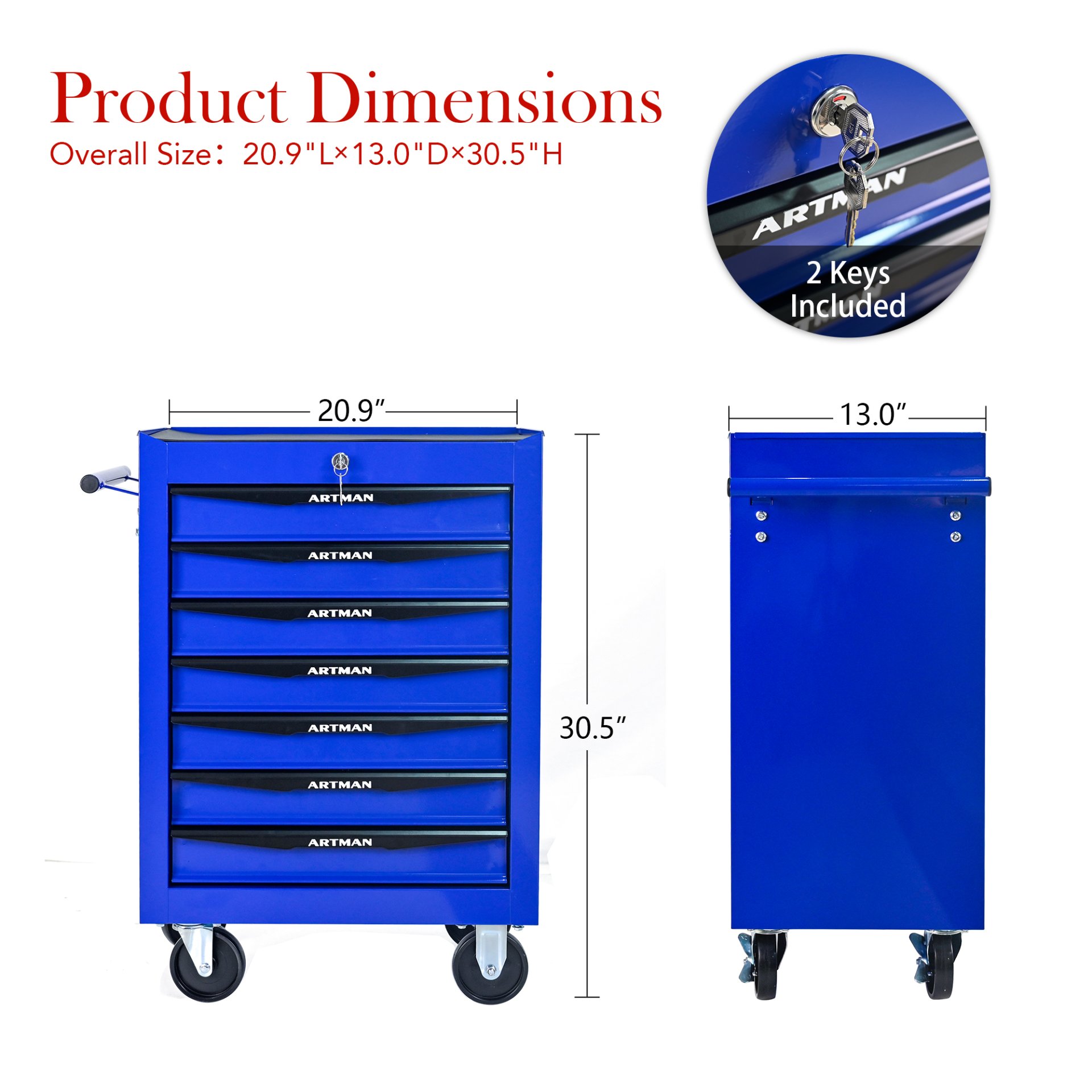 Rolling Metal Tool Chest With 7 Drawers, 20" Steel Storage Cabinet With Ball Bearing Slides - Black / Blue - Image 3