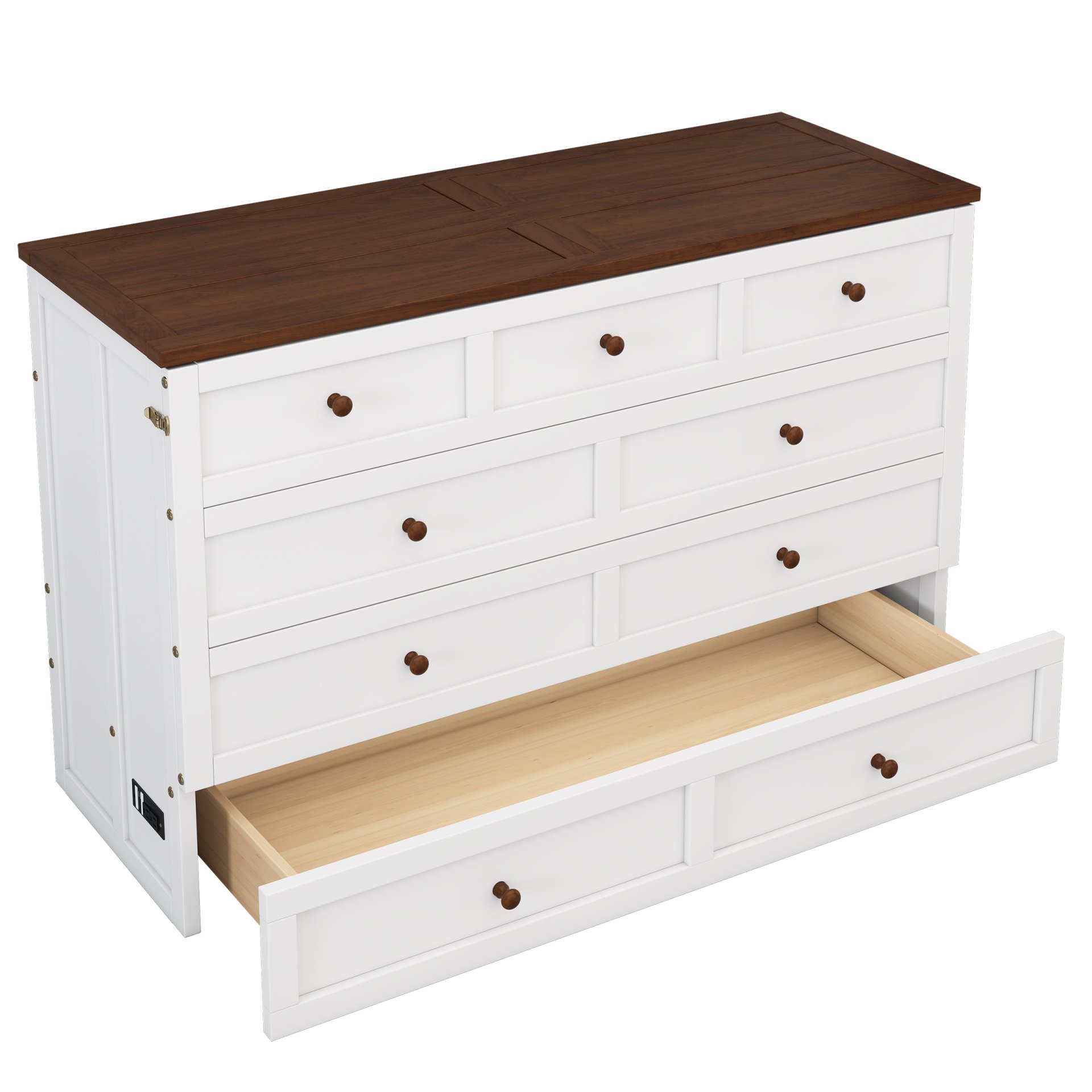 Full Solid Pine Murphy Bed Chest With Charging Station And Large Storage Drawer For Home Office Or Small Room - White / Walnut - Image 12