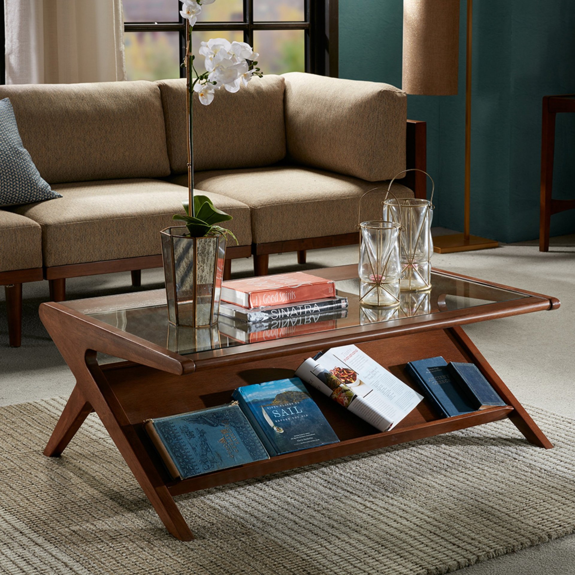 Coffee Table With Tempered Glass Top, Solid Wood Frame - Walnut - Image 2