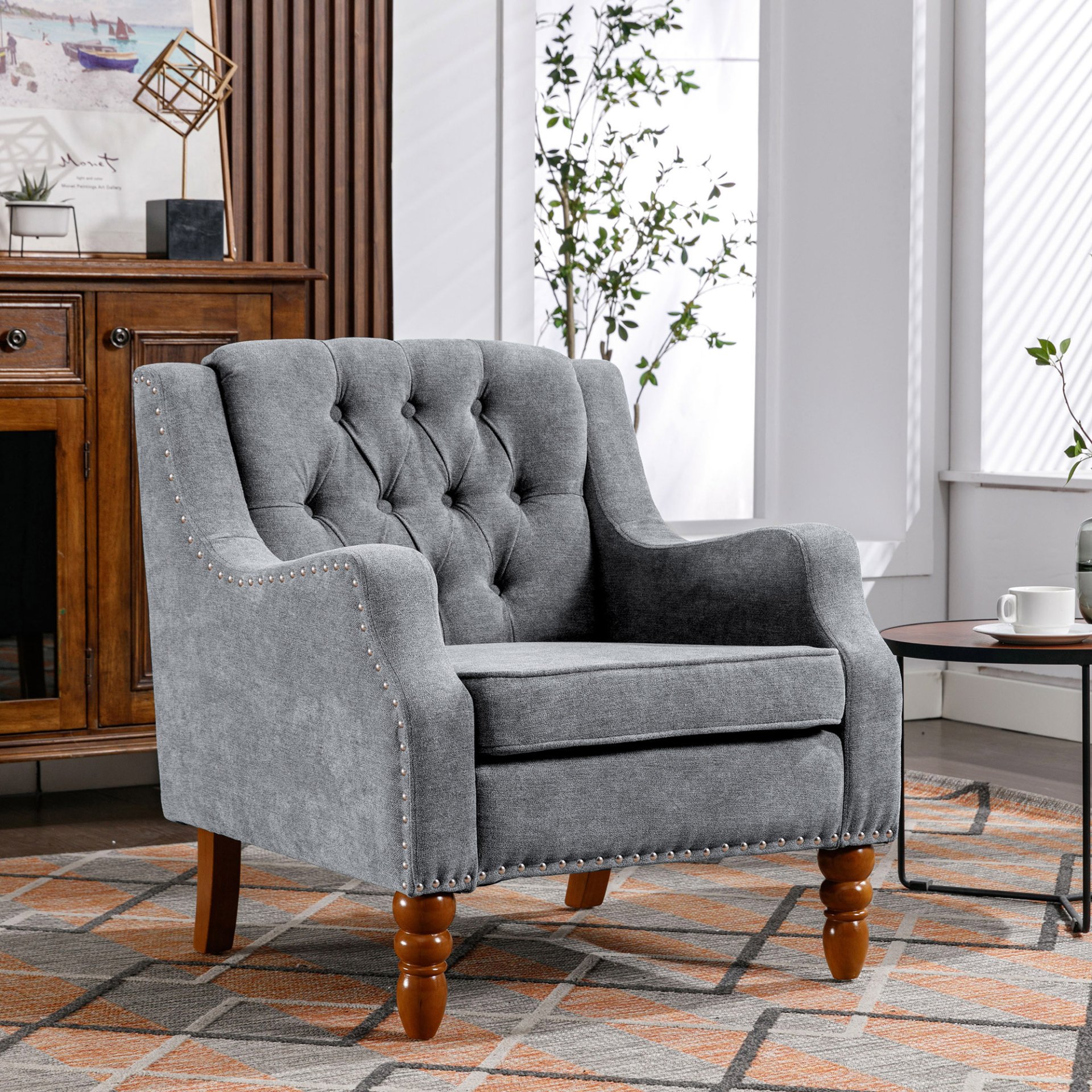 Accent Chair, Living Room Chair, Footrest Chair Set With Vintage Brass Studs, Button Tufted Upholstered Armchair For Living Room, Comfy Reading Chair For Bedroom, Reception Room - Gray - Image 5