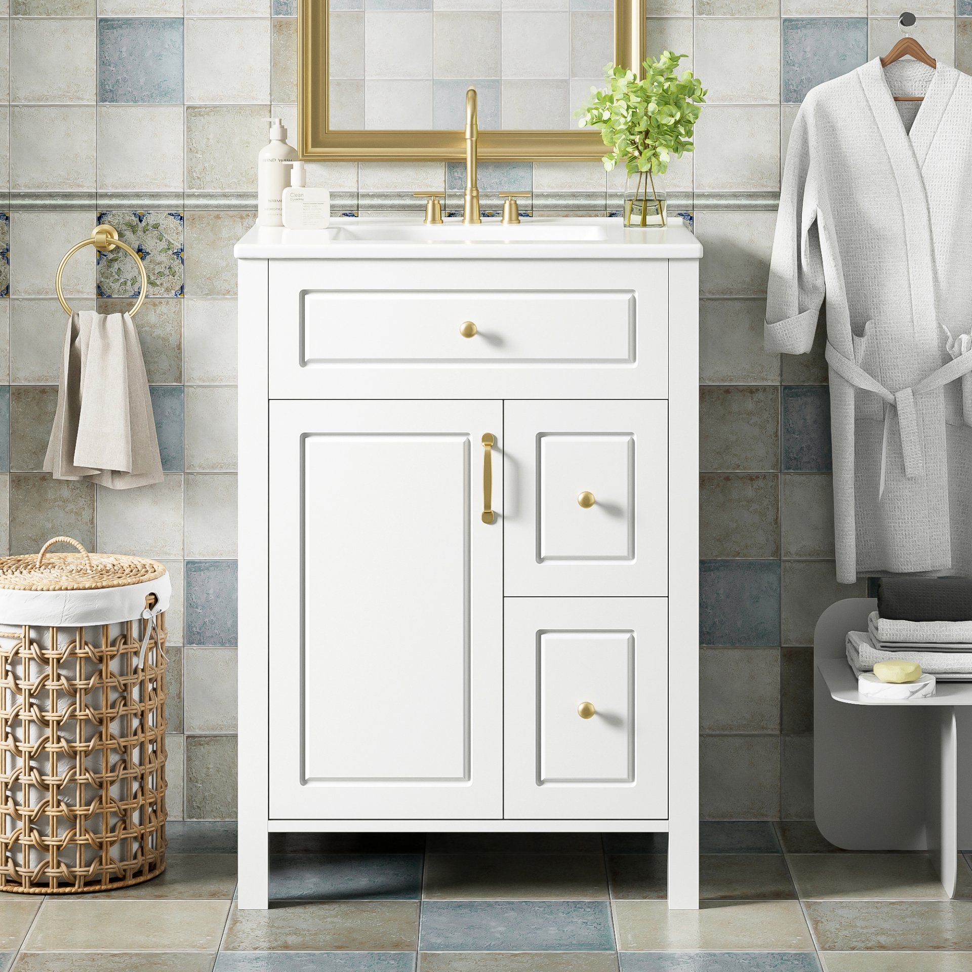 Bathroom Vanity With Sink, Soft Close Doors And Drawers, Double Storage Racks - White - Image 4