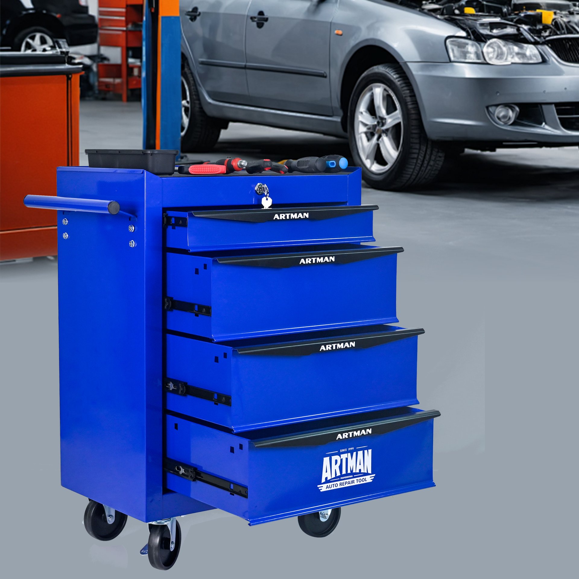 Rolling Metal Tool Chest With 4 Drawers, 20" Steel Storage Cabinet With Ball Bearing Slides - Black / Blue - Image 13
