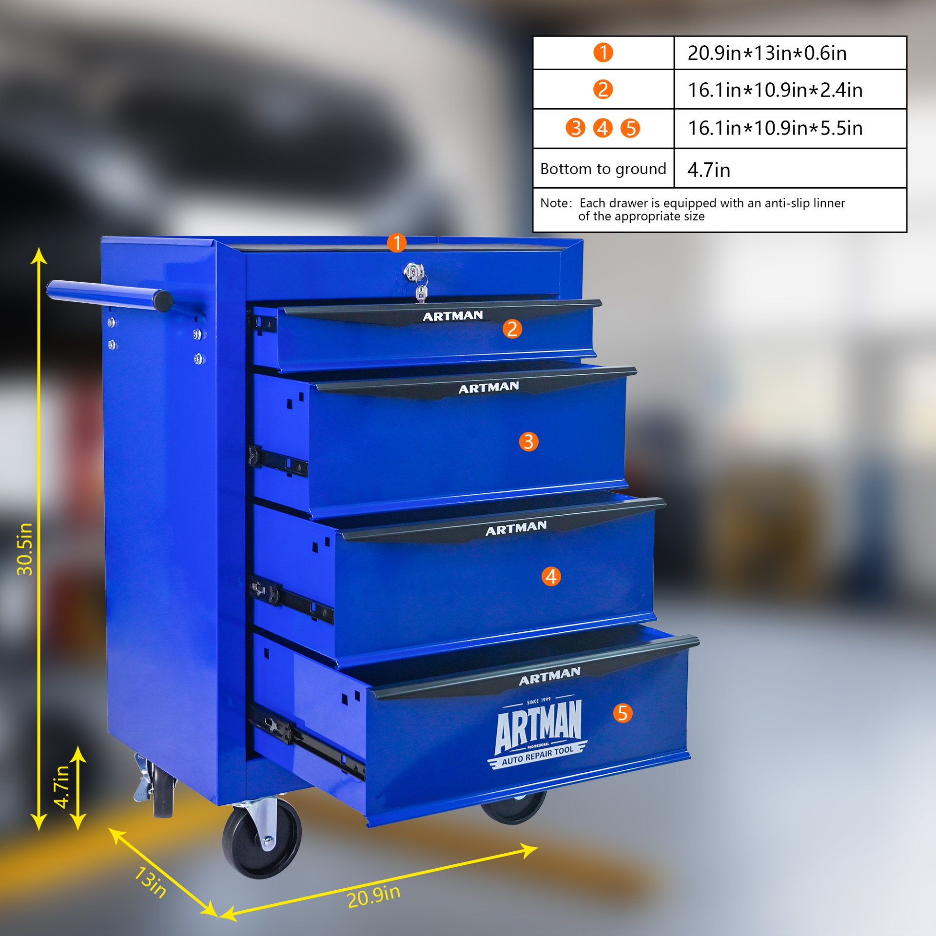 Rolling Metal Tool Chest With 4 Drawers, 20" Steel Storage Cabinet With Ball Bearing Slides - Black / Blue - Image 8