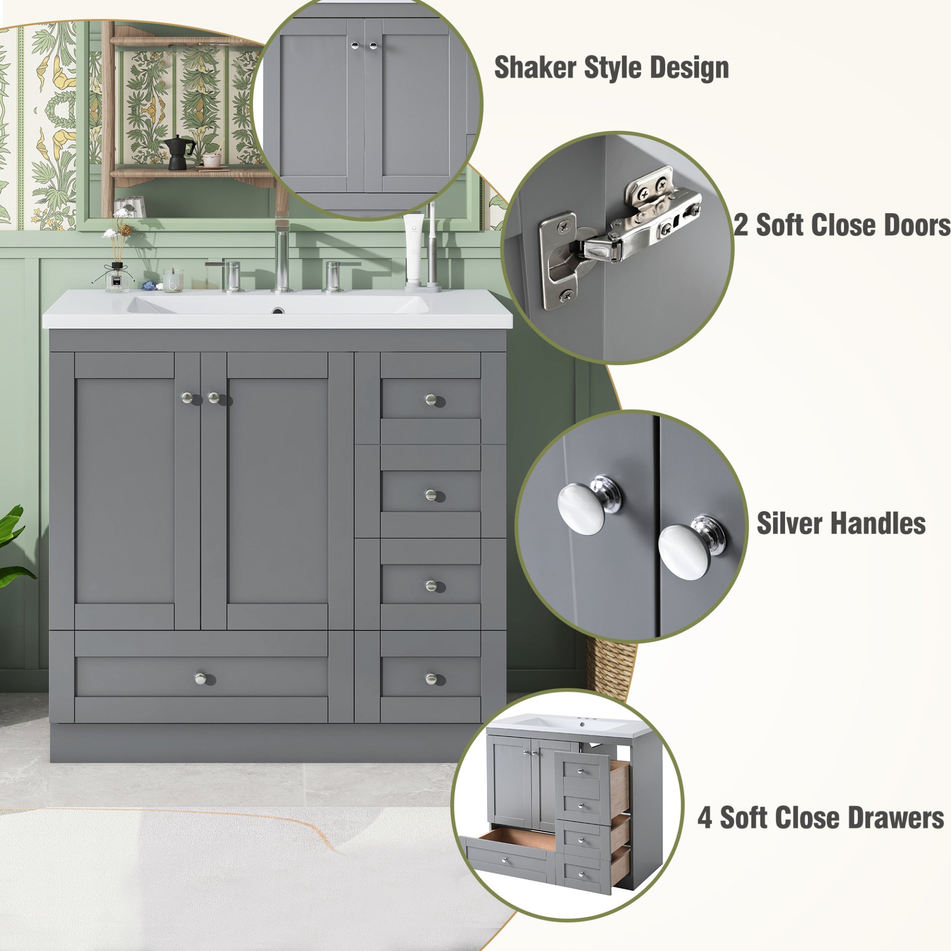 Shaker Style Free Standing Bathroom Vanity Cabinet With Sink, 4 Soft Close Drawers And 2 Soft Close Doors - Gray - Image 7