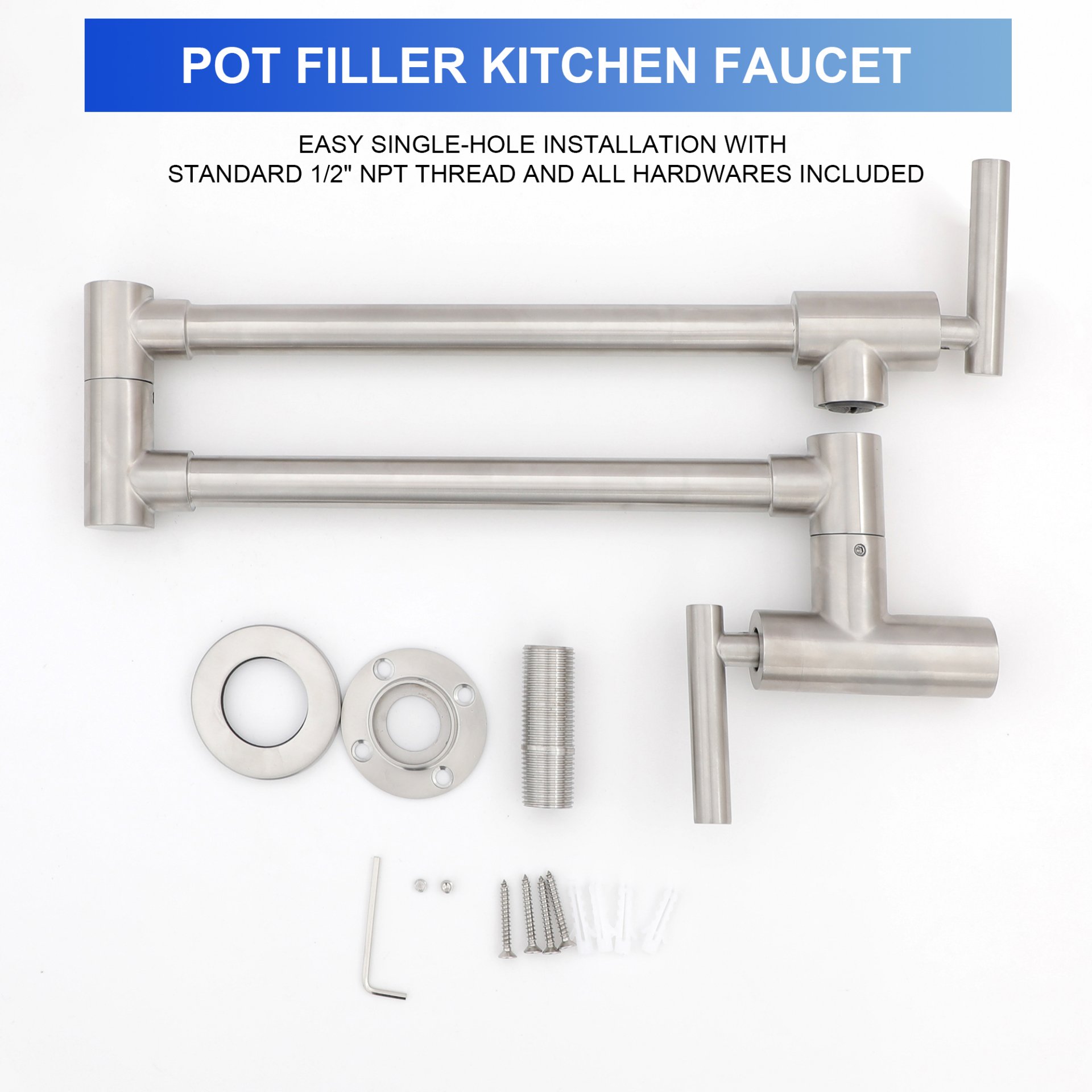 Wall Mount Pot Filler Faucet Folding Stretchable Kitchen Sink Faucet With 2 Handles - Brushed Nickel - Image 9