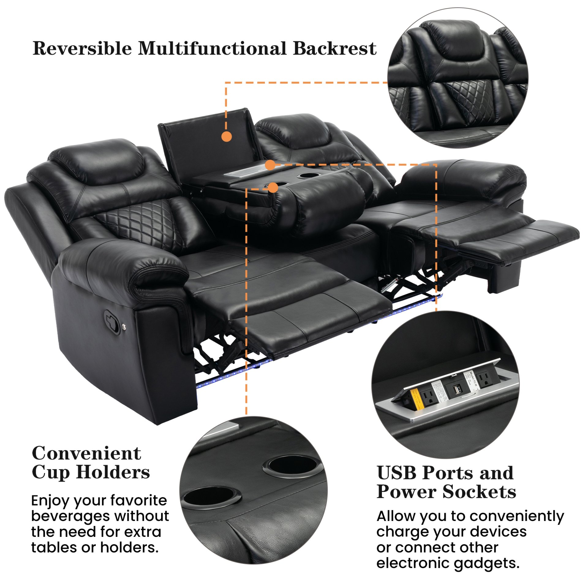3 Pieces Recliner Sofa Sets Home Theater Seating Manual Recliner Chair With Center Console And Led Light Strip For Living Room - Black - Image 9