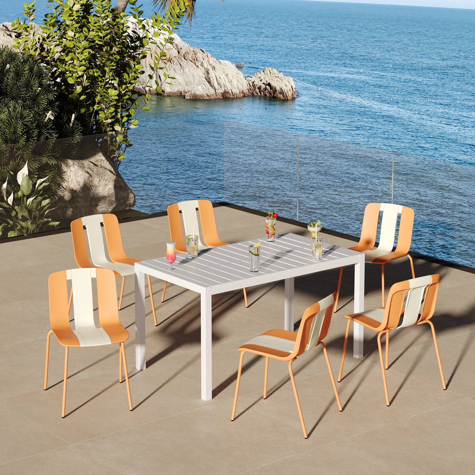 4 Piece Set Of Striped Color Blocking Single Chairs With Long Table - Beige / Tropical Orange / White - Image 12