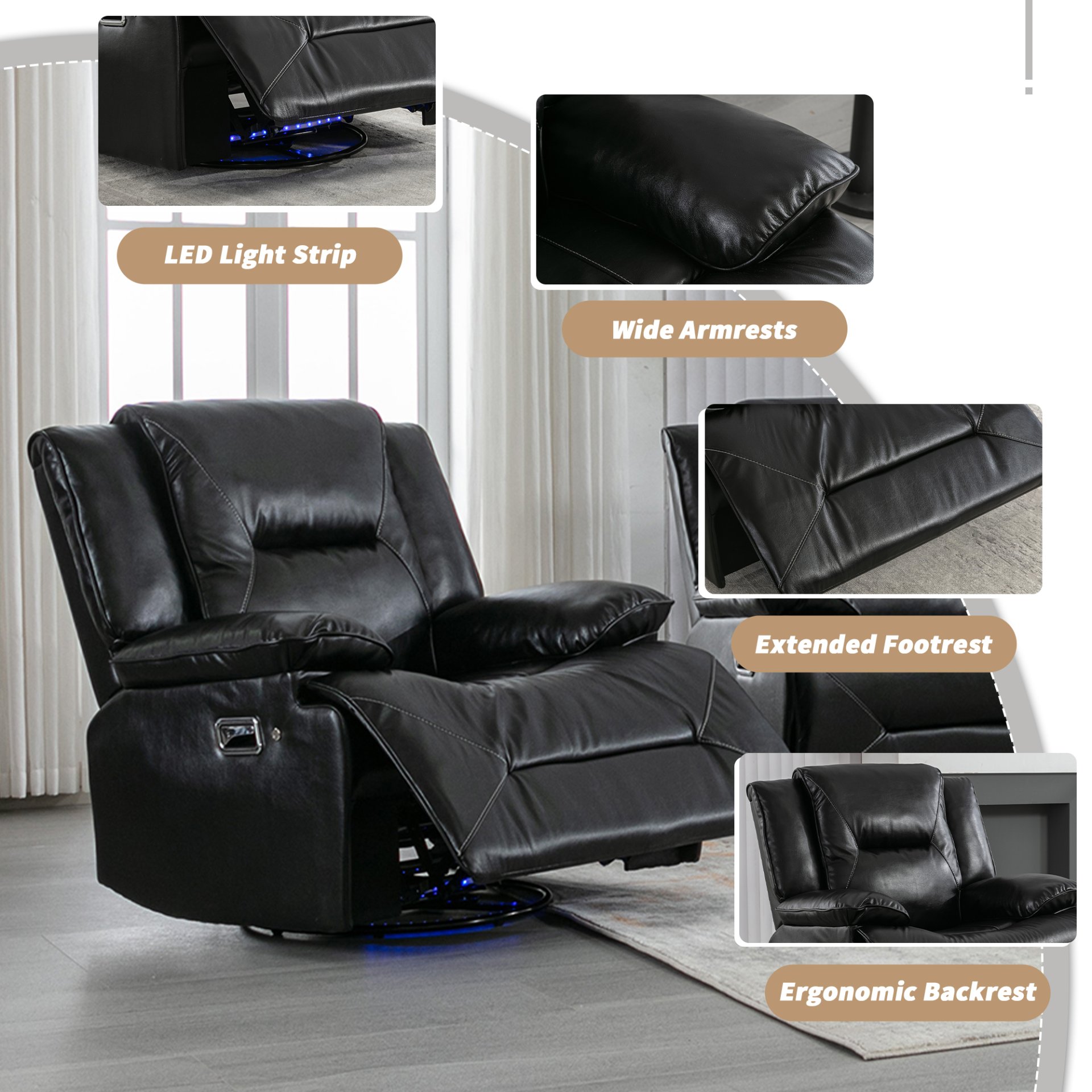 3 Seater Home Theater Recliner Manual Recliner Chair With A Led Light Strip Two Built-In Cup Holders For Living Room - Black - Image 5