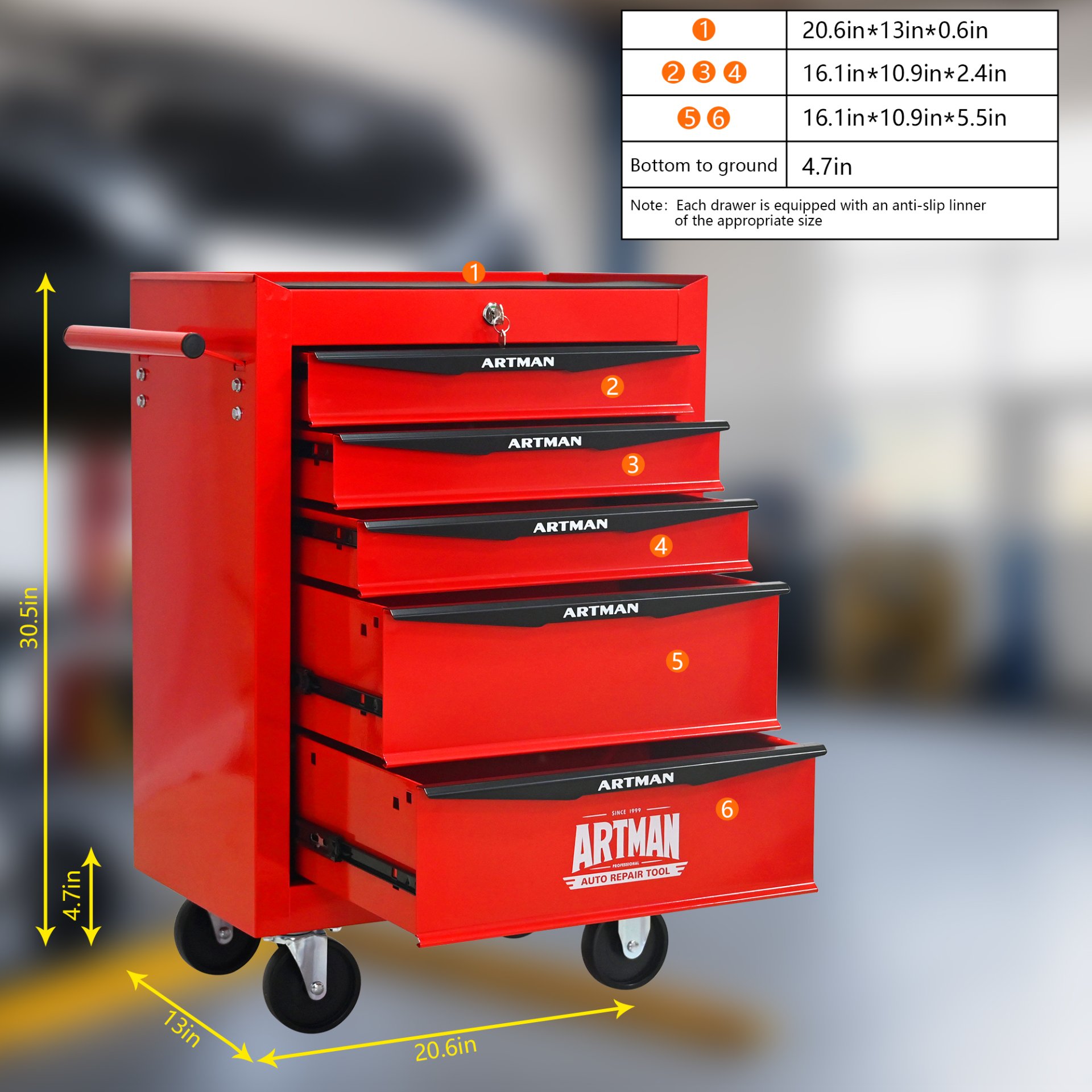 Rolling Metal Tool Chest With 5 Drawers, 20" Steel Storage Cabinet With Ball Bearing Slides - Red / Black - Image 8