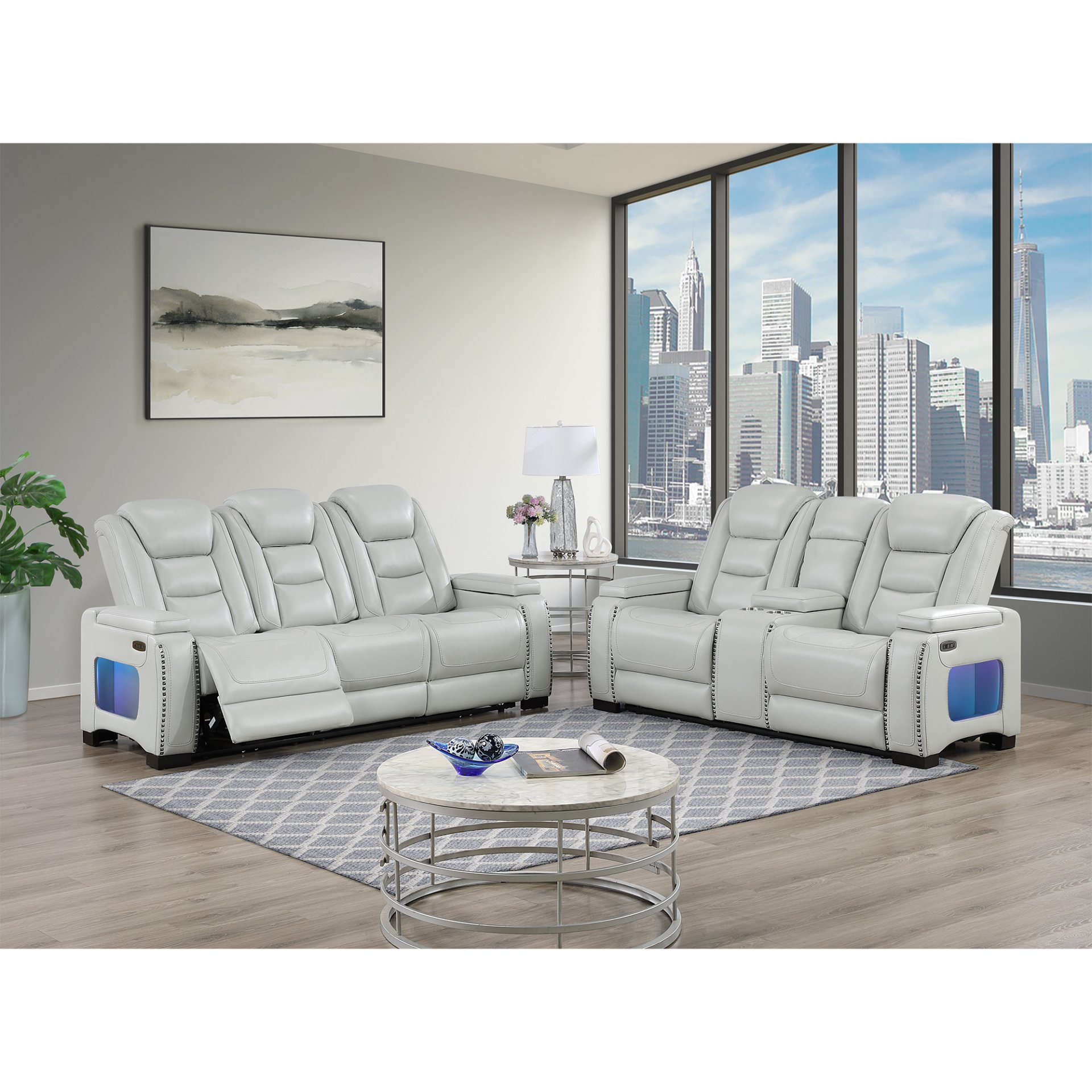 Power Sofa And Loveseat With Power Headrest, USB, LED, Bookshelf Arms, And Drop Down Table - Grey - Image 2