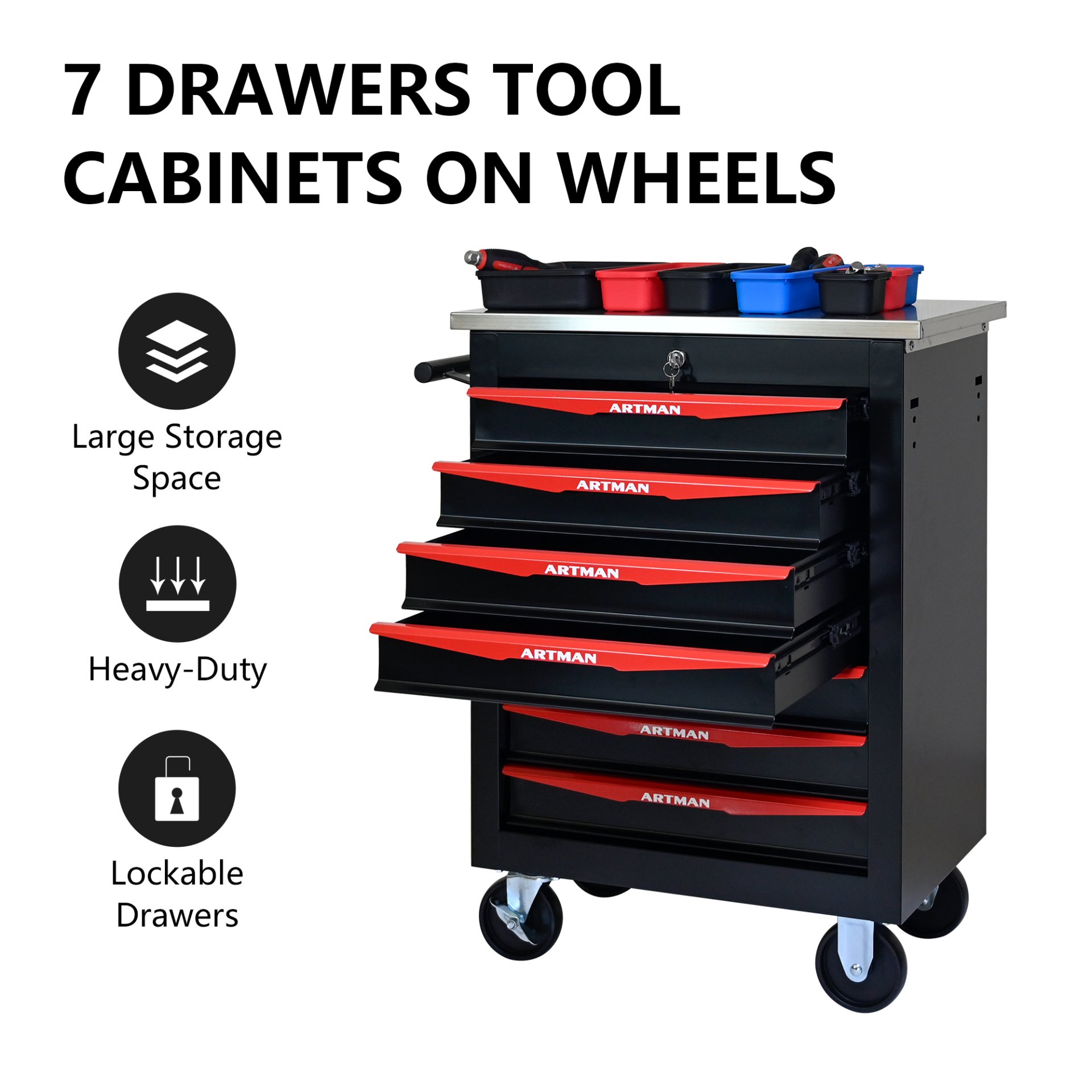 7 Drawer Multifunctional Tool Cart With Wheels, Metal Rolling Tool Cart Storage For Garage Workshop Warehouse Repair Shop With Stainless Steel Roof - Black / Red - Image 4