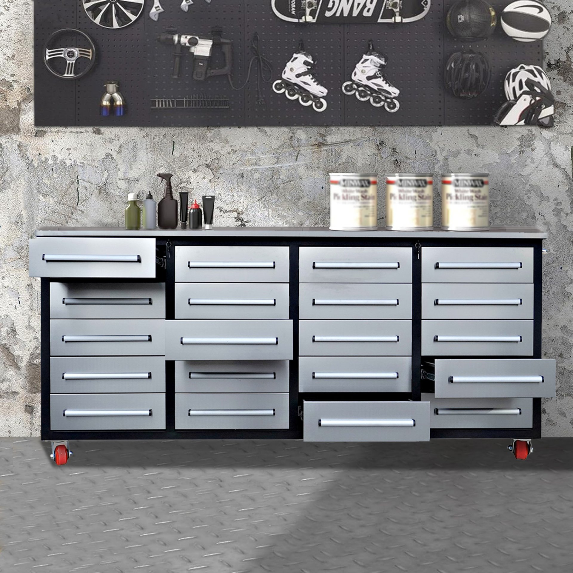 Garage Storage Cabinets With Workbench (20 Drawers) - Silver - Image 2