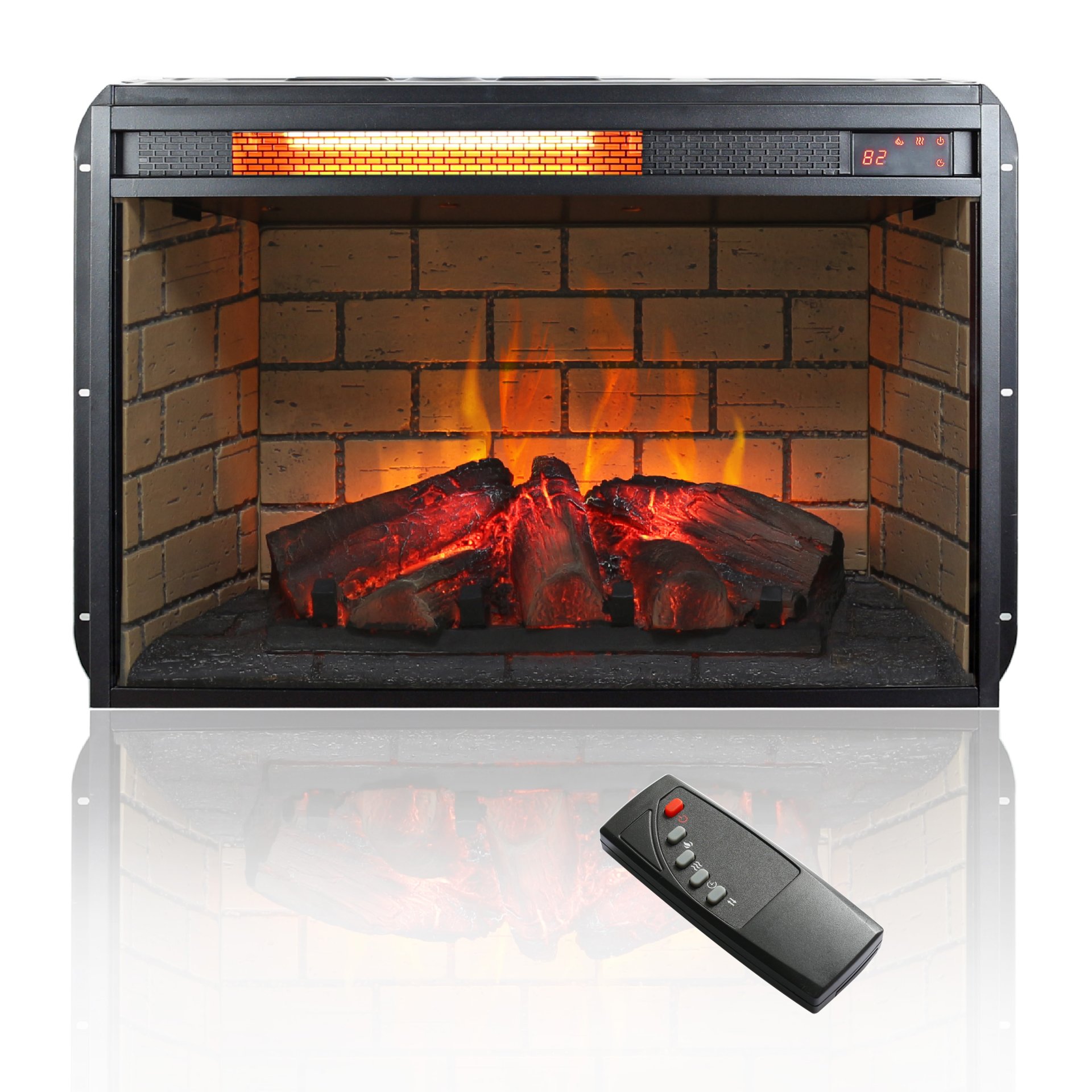 26" Infrared Quartz Heater Fireplace Insert -Woodlog Version With Brick - Antique Black - Image 4