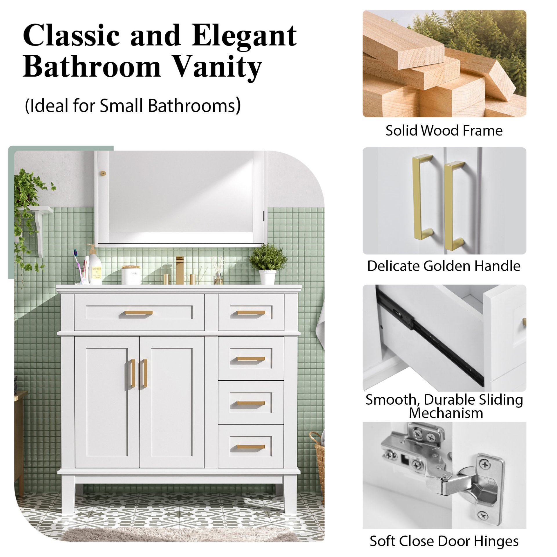 Bathroom Vanity With Sink, Soft Close Doors, And Storage Drawers, 36" - White - Image 7