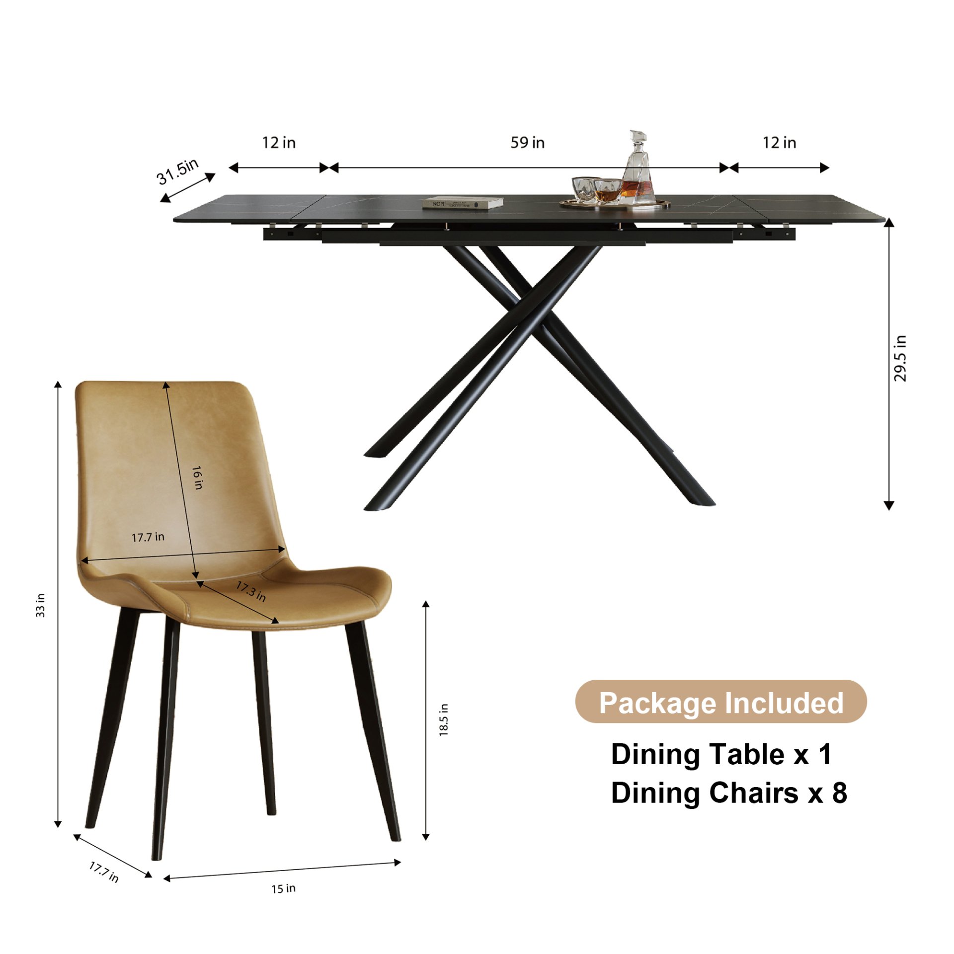Retractable Dining Table Set With Carbon Steel Legs And Cross Leg Structure, Table And 8 Chairs - Black - Image 3