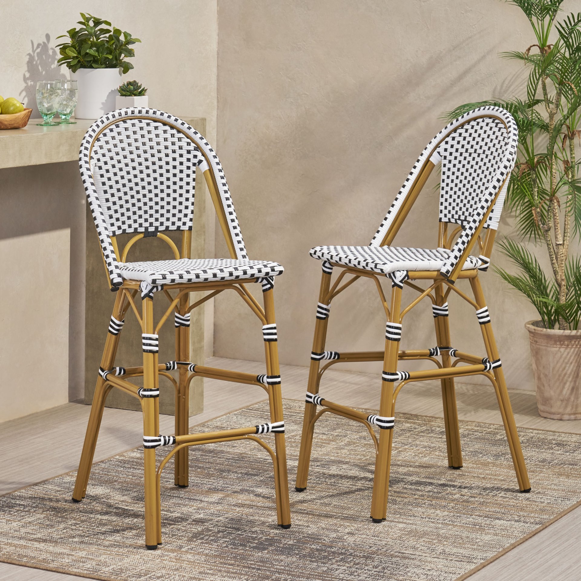 Outdoor Rattan French Barstool With Bamboo Aluminum Frame, Seat Height (Set of 2) - White / Black - Image 2