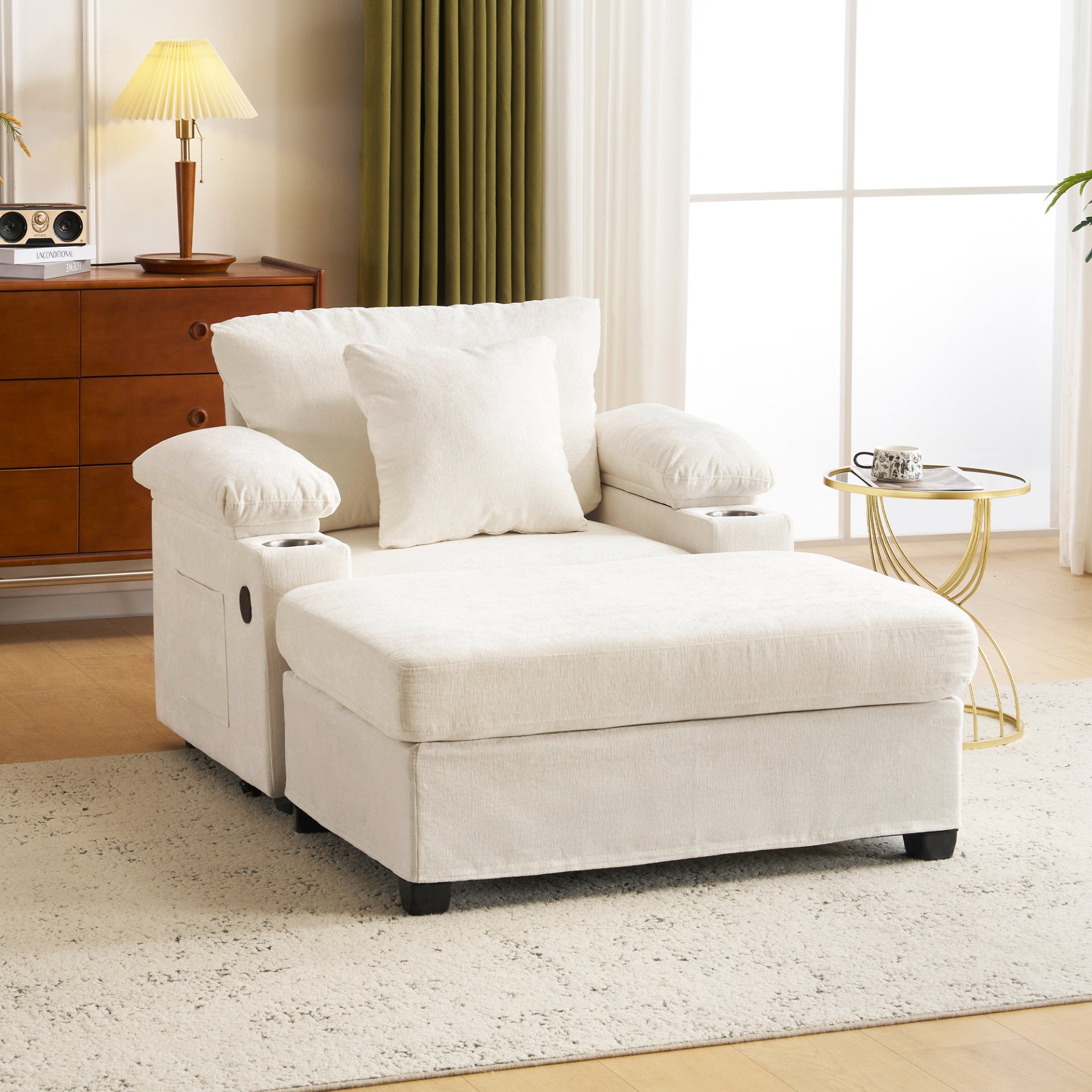 Modern Oversized Chair With Ottoman, Chenille Fabric Sofa Bed, Accent Chair Comfy Sofa With Cupholders And USB Charging Ports Chair For Living Room, Bedroom, Apartment - Beige - Image 2