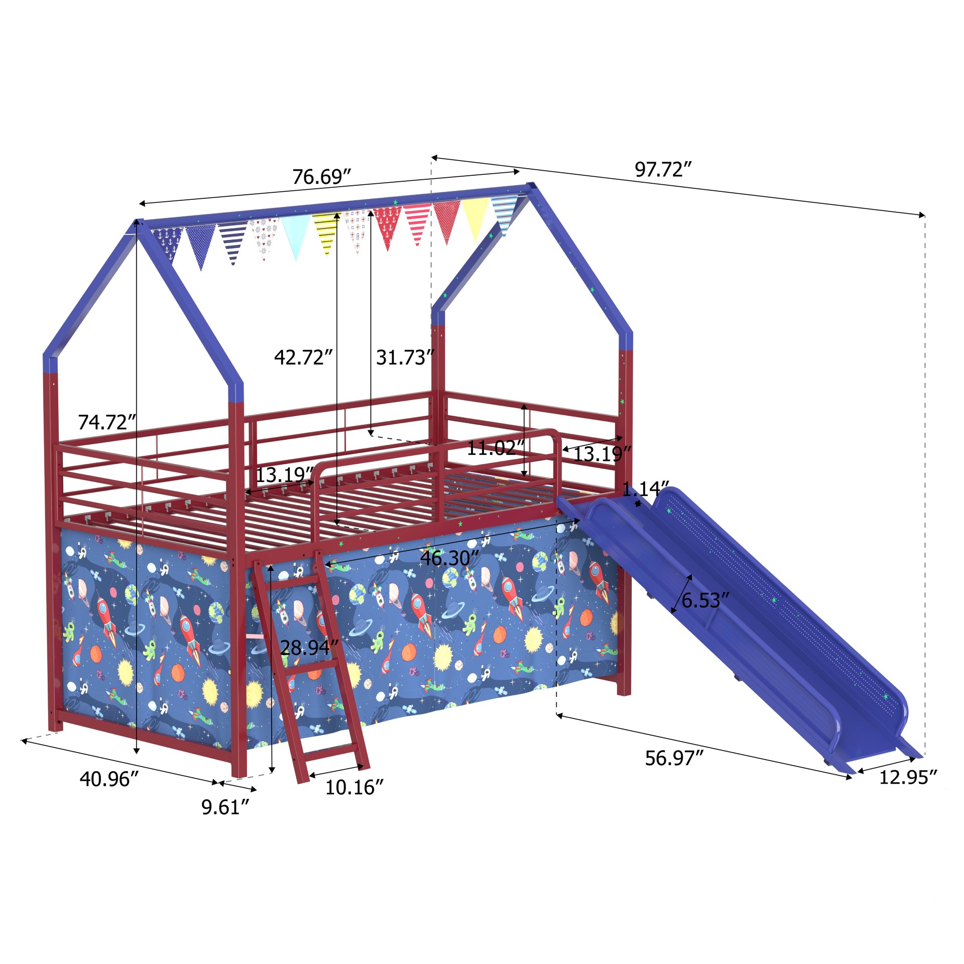 Jack - House Twin Loft Bed With Slide And Curtain Set, Superhero - Red / Blue - Image 5