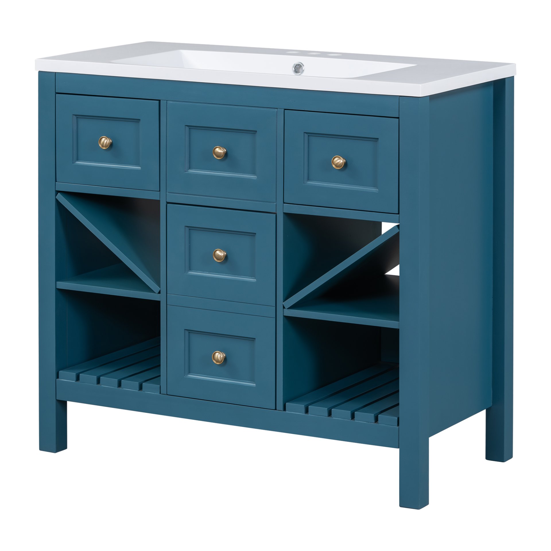 Bathroom Vanity With Resin Sink Combo, Frame Bathroom Storage Cabinet, Freestanding Vanity Set, 5 Drawers & Soft Closing Doors - Blue - Image 11
