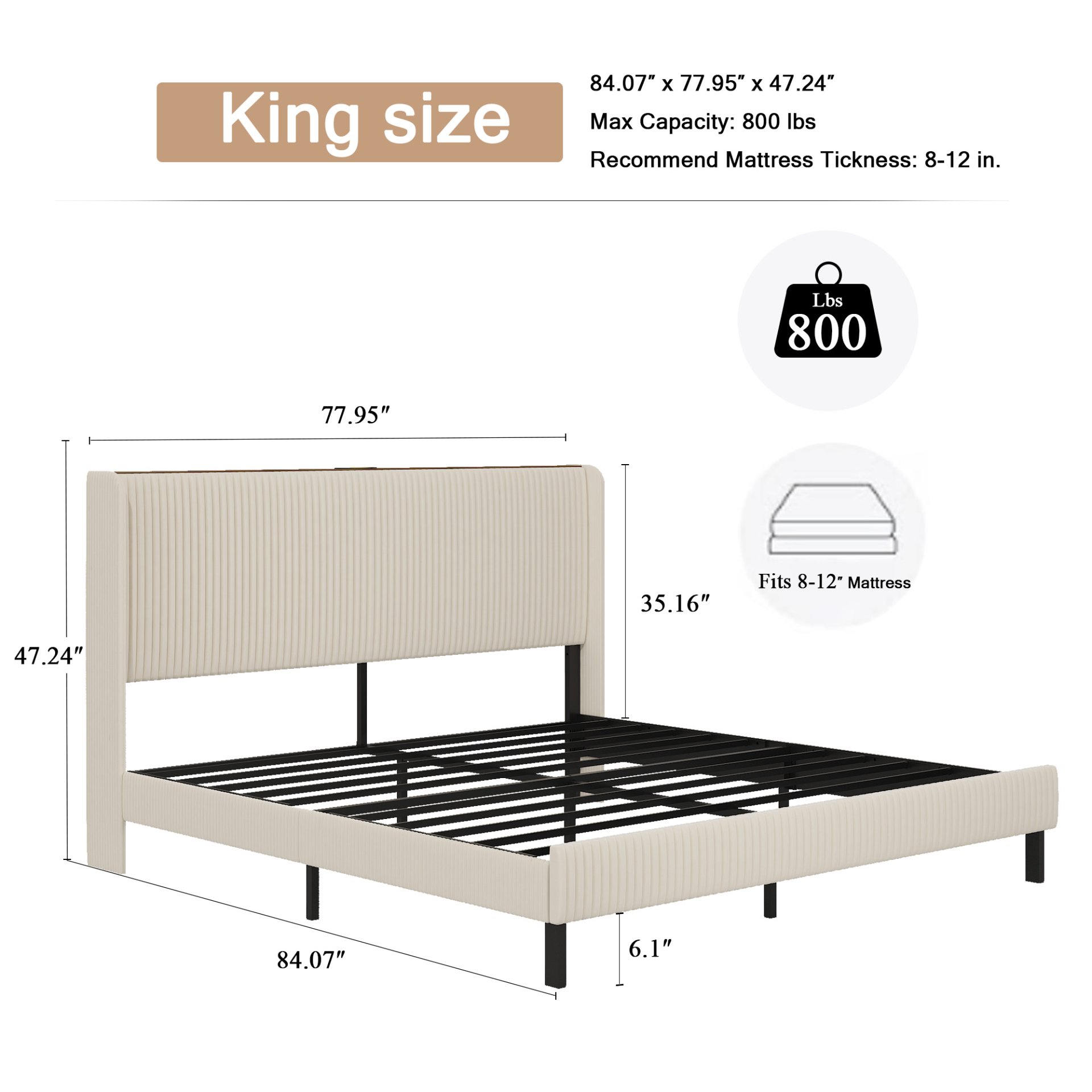 King Size Platform Bed, Metal Frame With Charging Station - Beige - Image 3
