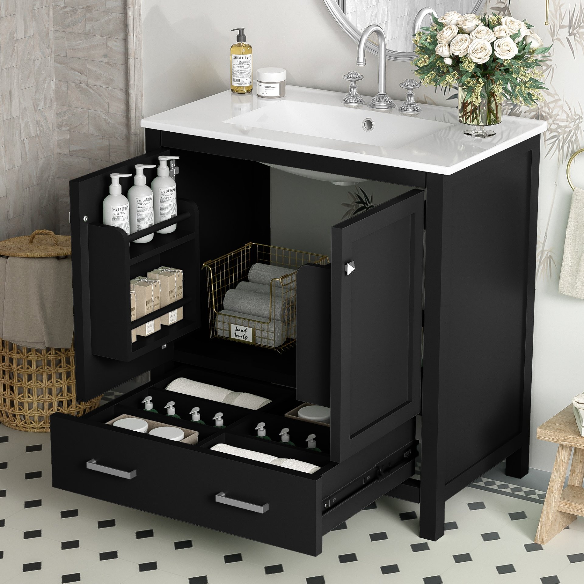 Bathroom Vanity With Single Sink, Combo Cabinet Undermount Sink, Bathroom Storage Cabinet With 2 Doors And A Drawer, Soft Closing, Multifunctional Storage, Solid Wood Frame - Black - Image 2