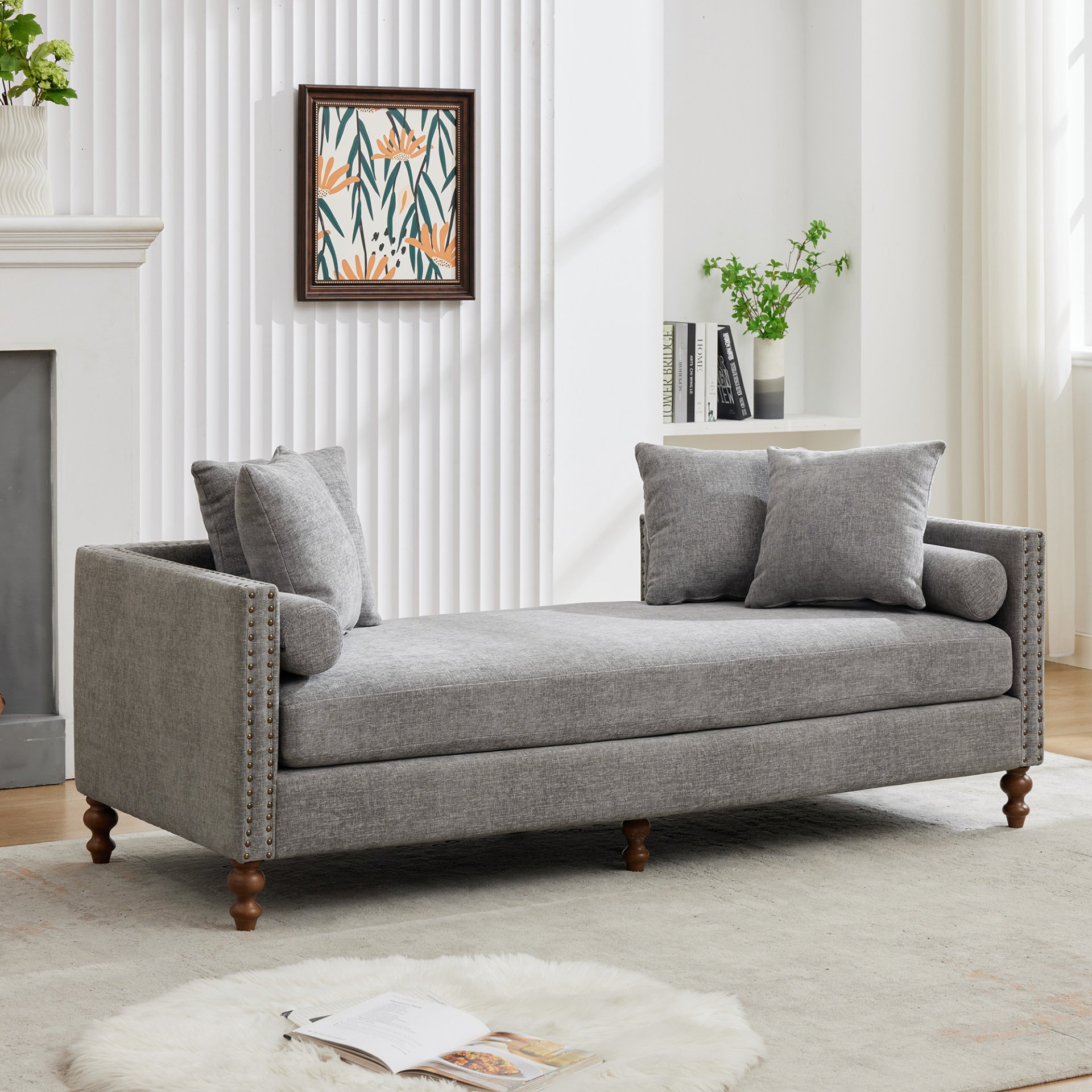 Chenille Upholstered Chaise Lounge With Nailheads And Rubberwood Legs, Wide Sleeper Sofa With 4 Throw Pillows & 2 Bolsters - Gray - Image 12