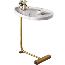 C-Shaped Side Table, Small Sofa Table For Cough, Bedroom - White / Gold