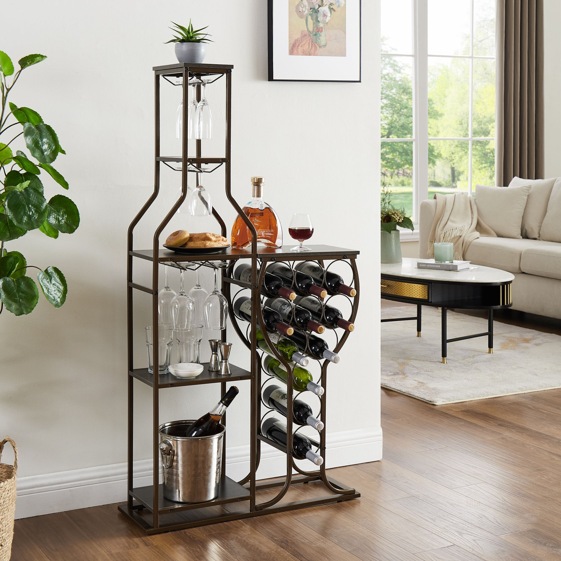 11 Bottle Wine Bakers Rack, 5 Tier Freestanding Wine Rack With Hanging Wine Glass Holder And Storage Shelves, Wine Storage Home Bar For Liquor And Wine Storagefor Kitchen, Dining Room - Gray - Image 6