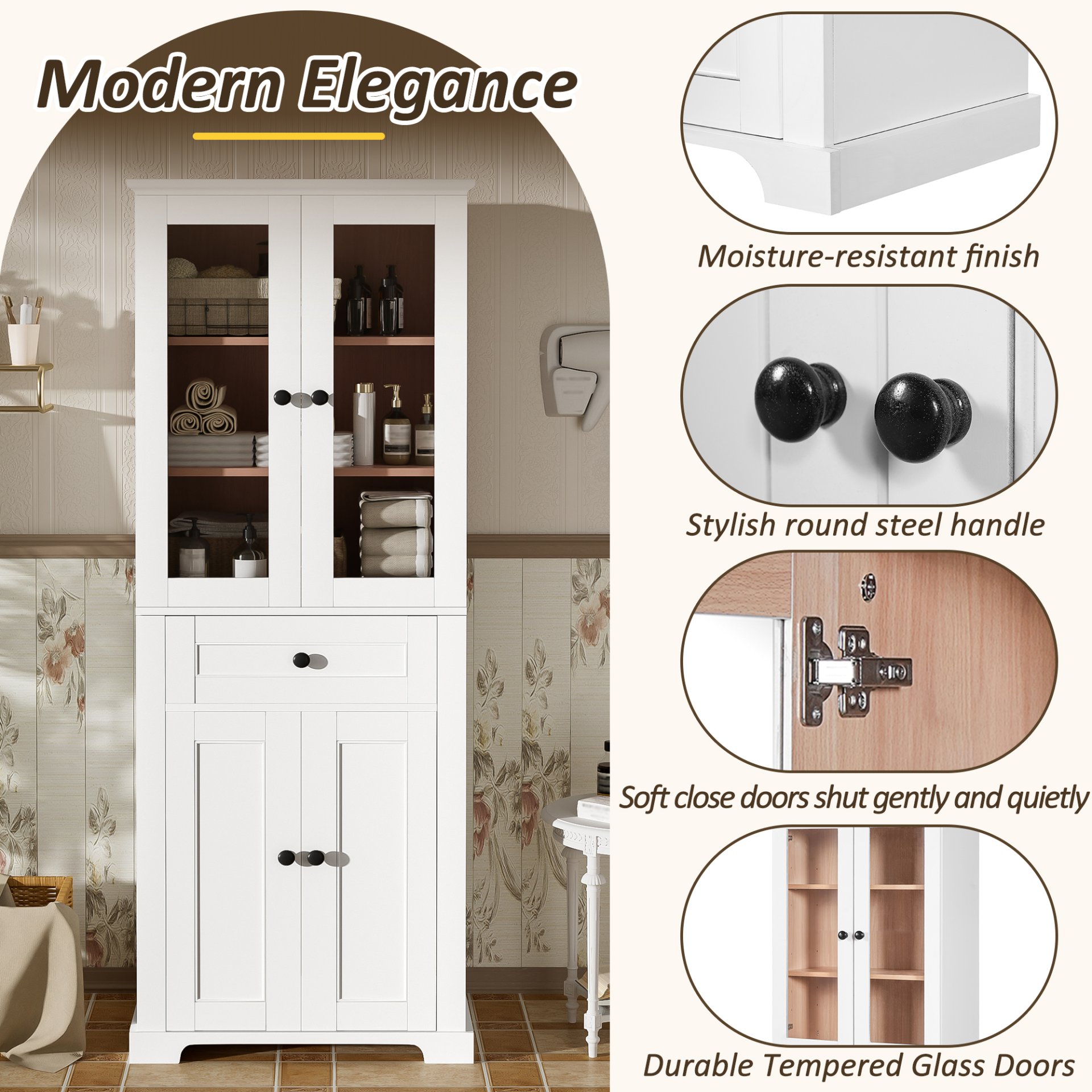 Bathroom Storage Cabinet, Adjustable Shelves & Drawer, Freestanding Linen Tower - White - Image 6