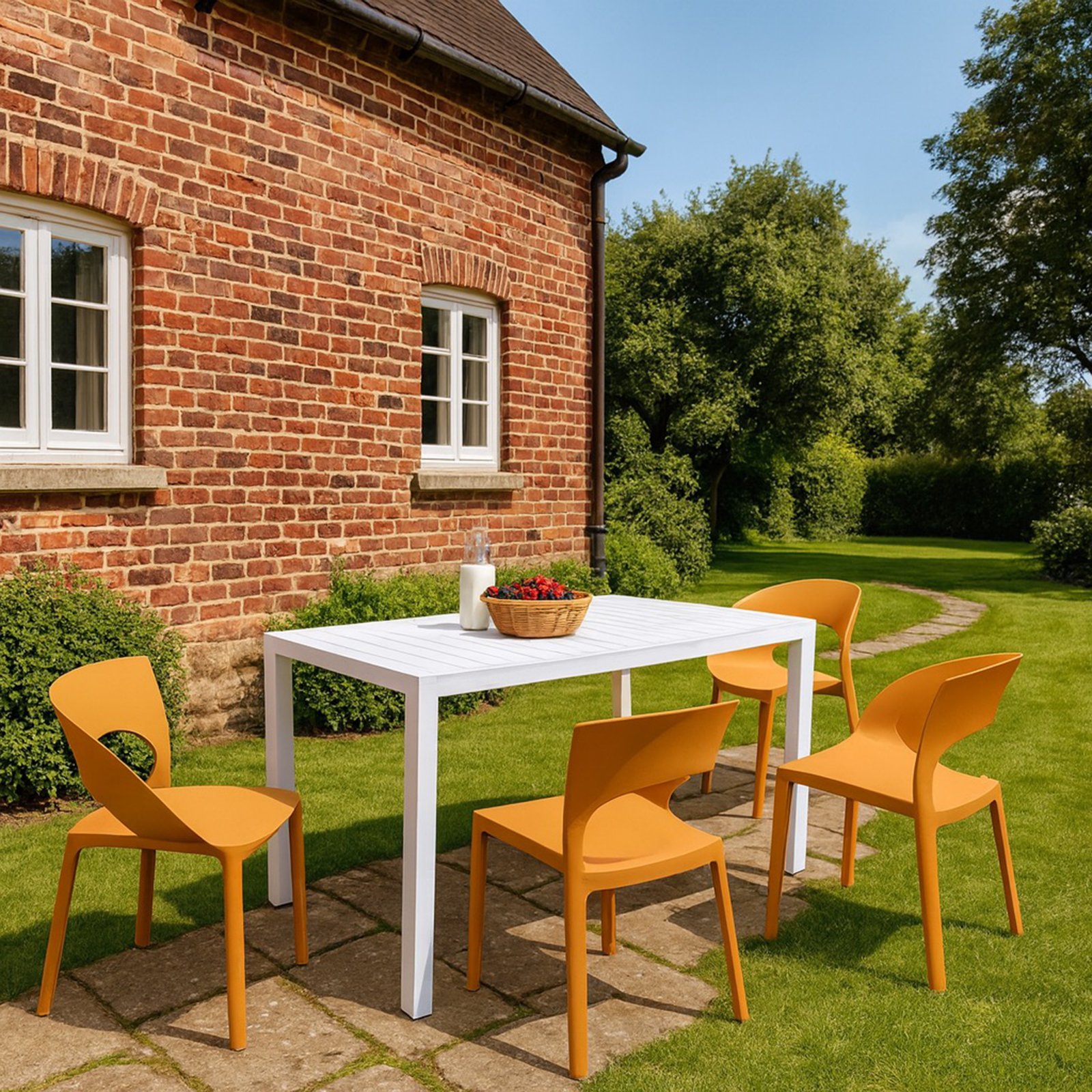 4 Piece Set Of Color Block Designed Single Chairs With Long Table - Tropical Orange / White - Image 11