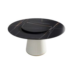 Modern Artificial Stone Round Plywood Base Dining Table, Can Accommodate 8 People Artificial Stone Turntable (Not Including Chairs) - Black / Beige