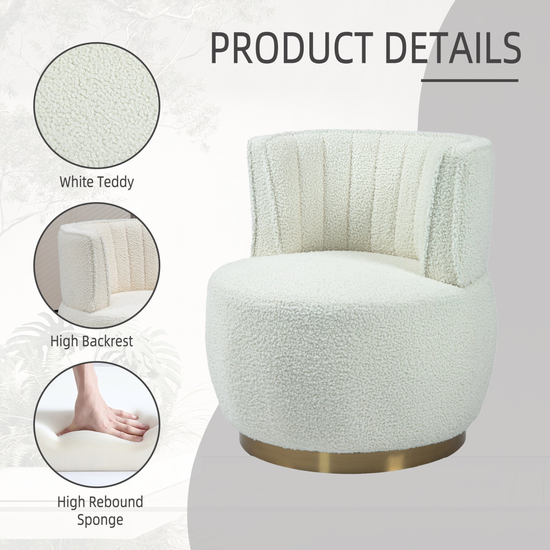 Coolmore - 360 Degree Swivel Cuddle Barrel Accent Sofa Chair, Round Armchair With Wide Upholstered Teddy Fabric - Cream - Image 5