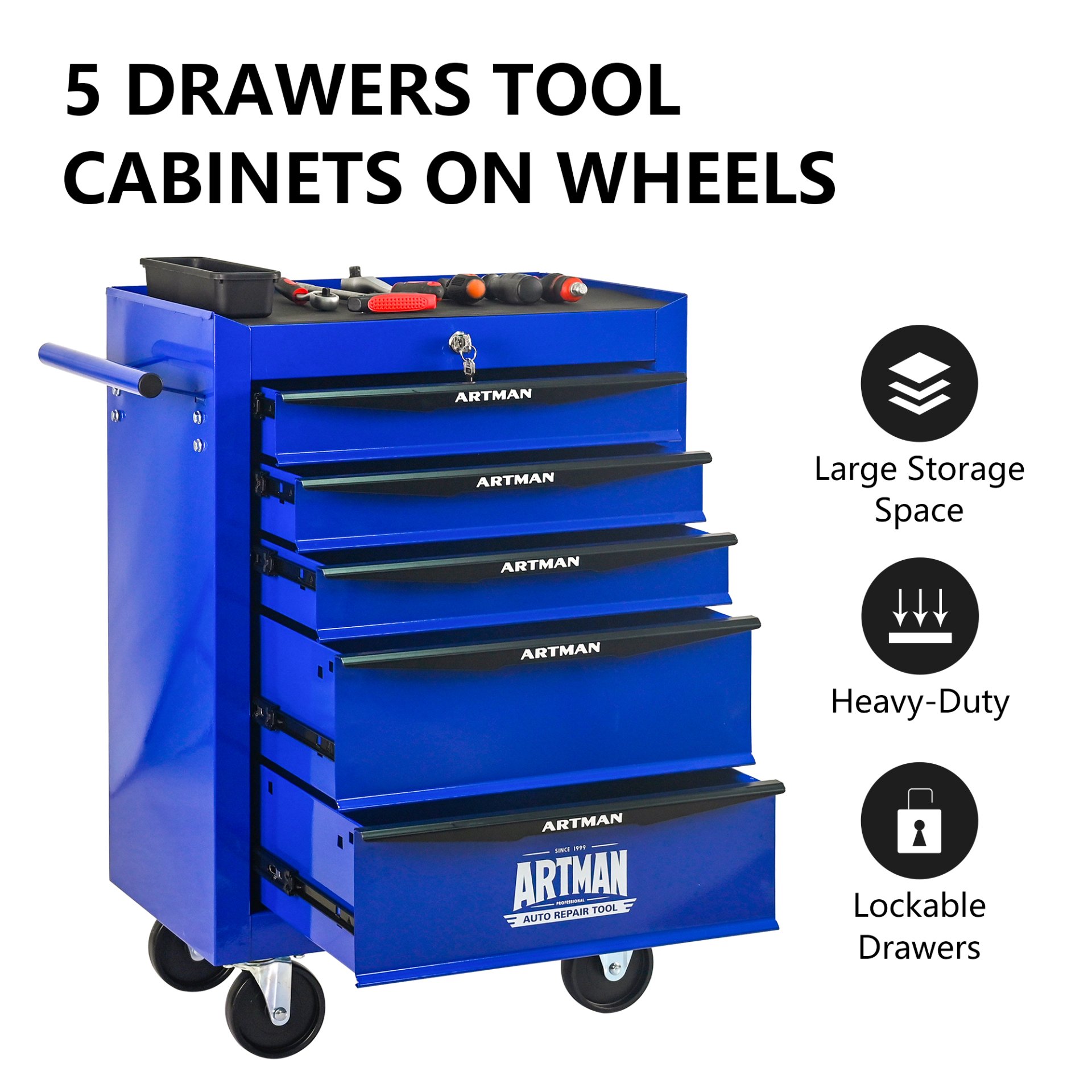 Rolling Metal Tool Chest With 5 Drawers, 20" Steel Storage Cabinet With Ball Bearing Slides - Black / Blue - Image 4