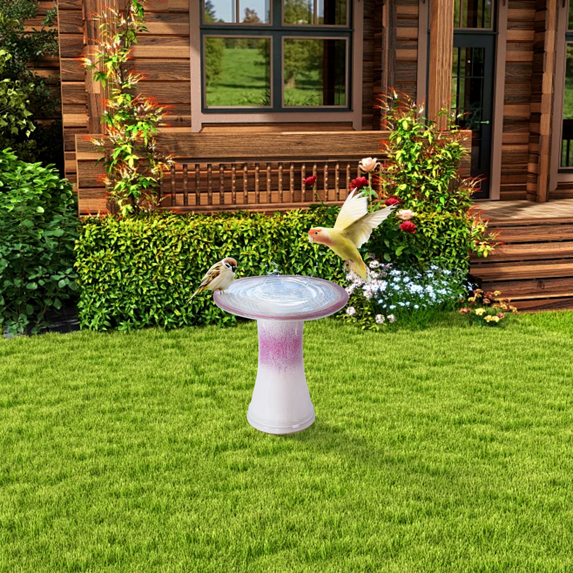 Birdbath For Patio, Garden - White / Pink - Image 4