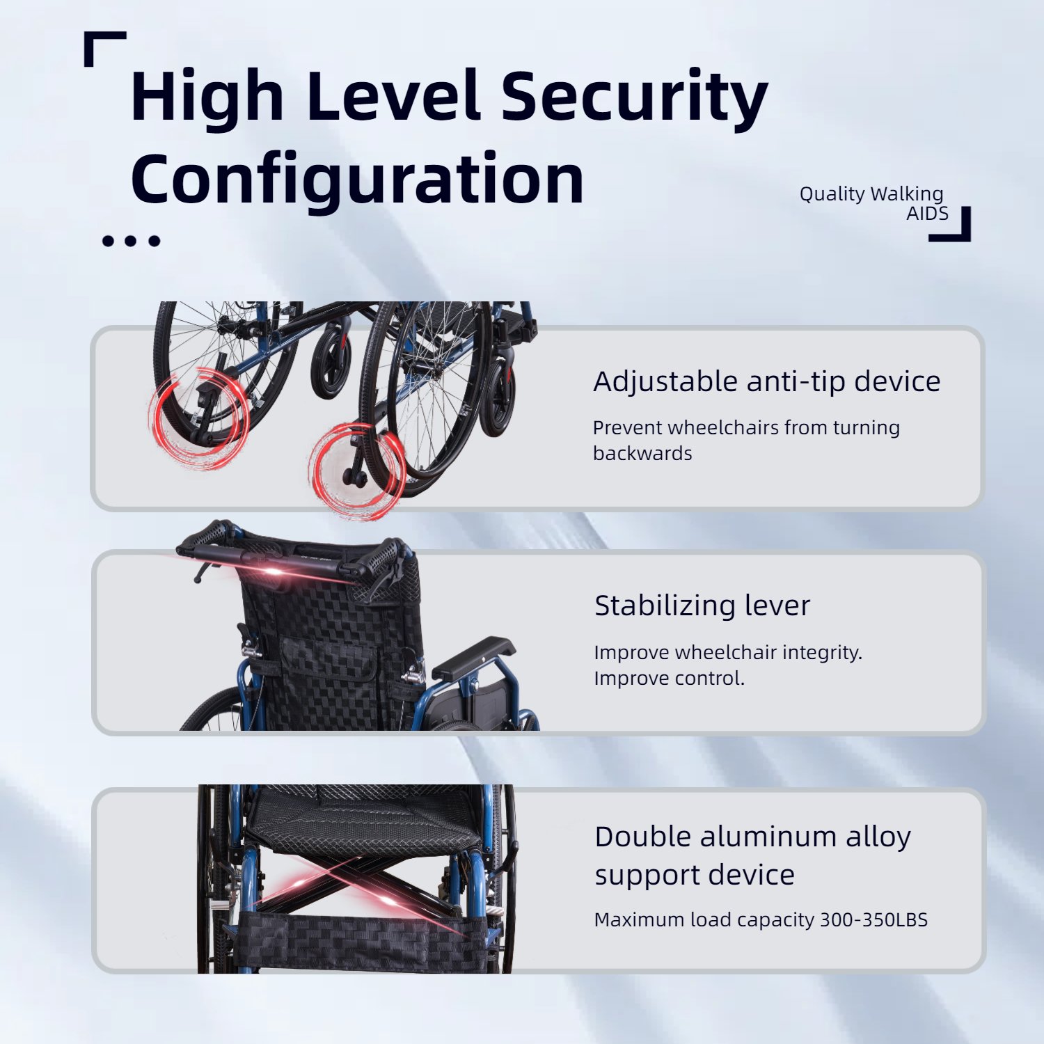 Premium Foldable Transport Wheelchair Frame Double Brakes Adjustable Armrests & Seat Belt Breathable Cushion Anti Backflip 300Lbs Capacity - Black / Blue - Image 8