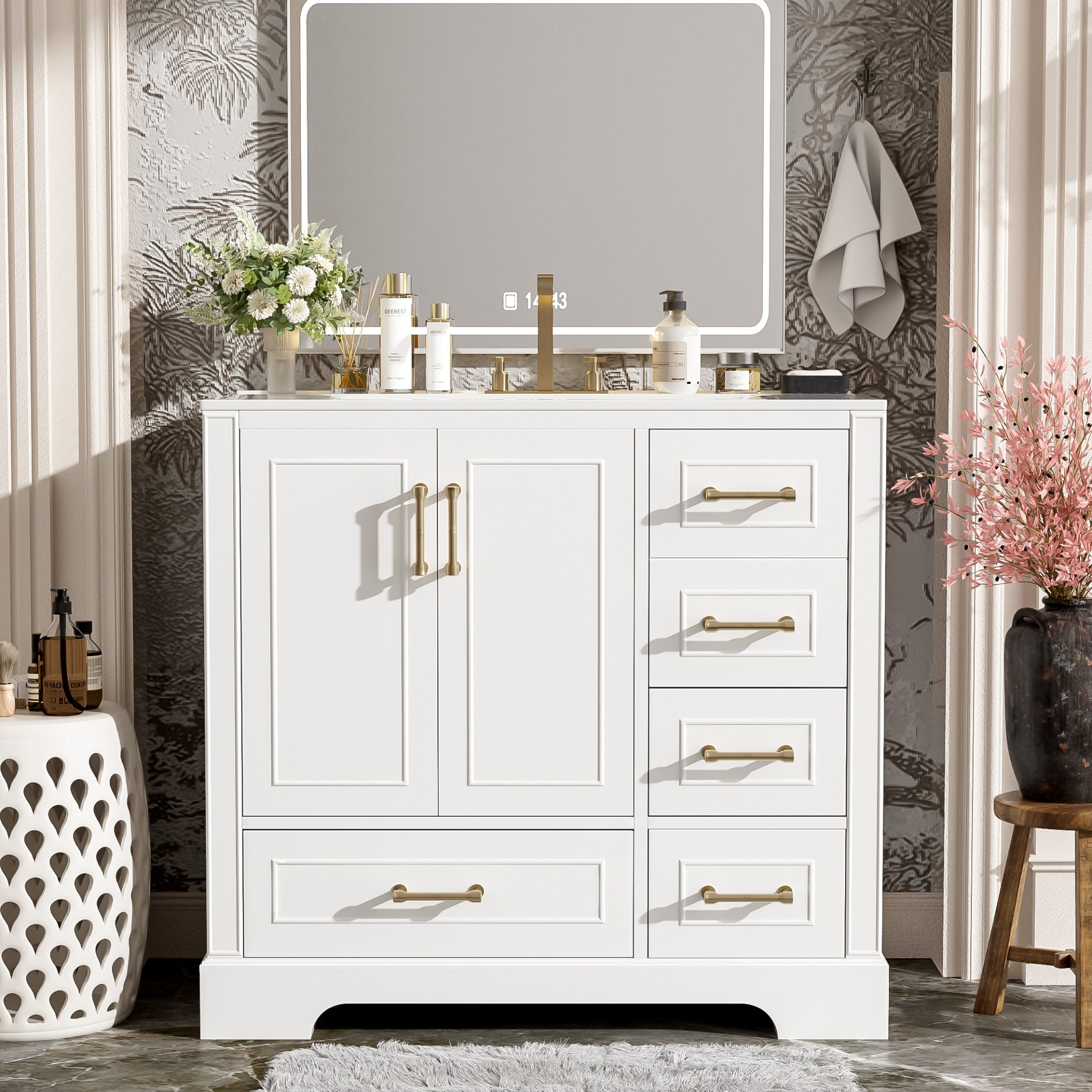 Traditional 36" Bathroom Vanity Cabinet With Sink, With Soft Close Doors And Four Drawers - White - Image 6