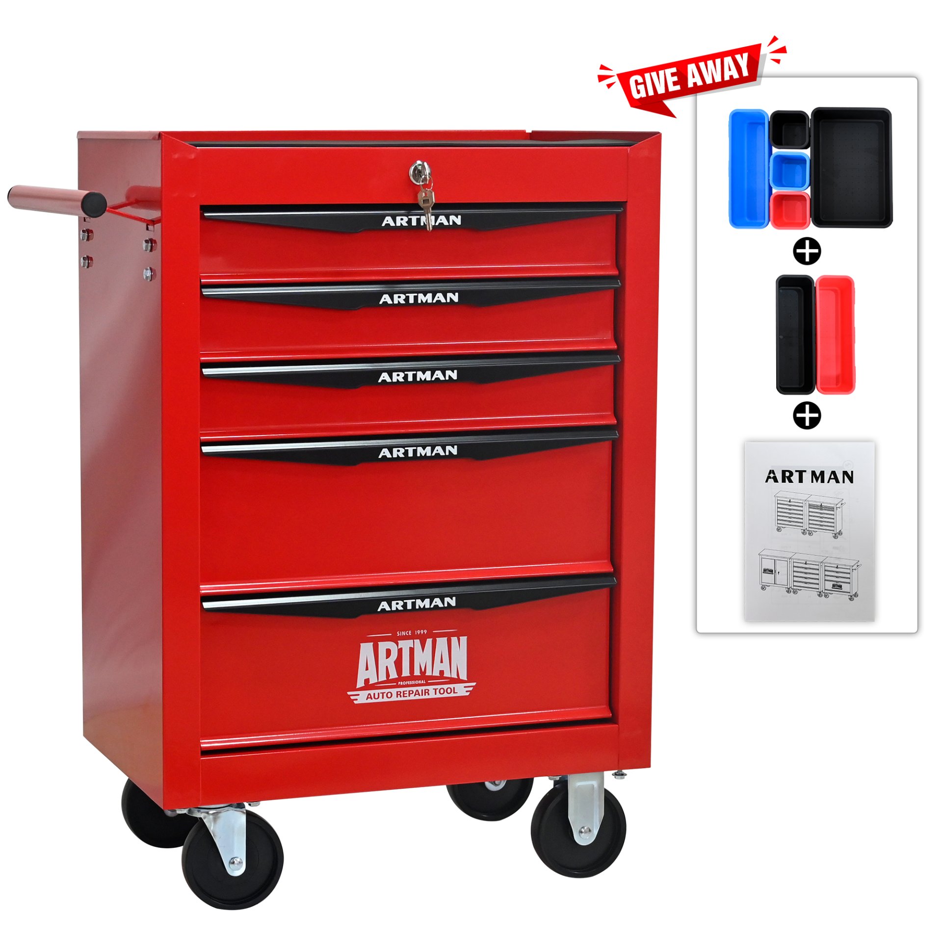 Rolling Metal Tool Chest With 5 Drawers, 20" Steel Storage Cabinet With Ball Bearing Slides - Red / Black - Image 5