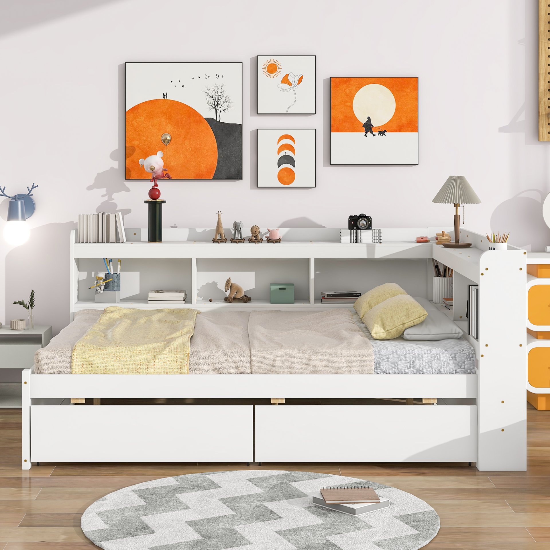 Full Bed With L-Shaped Bookcases, Drawers - White - Image 4