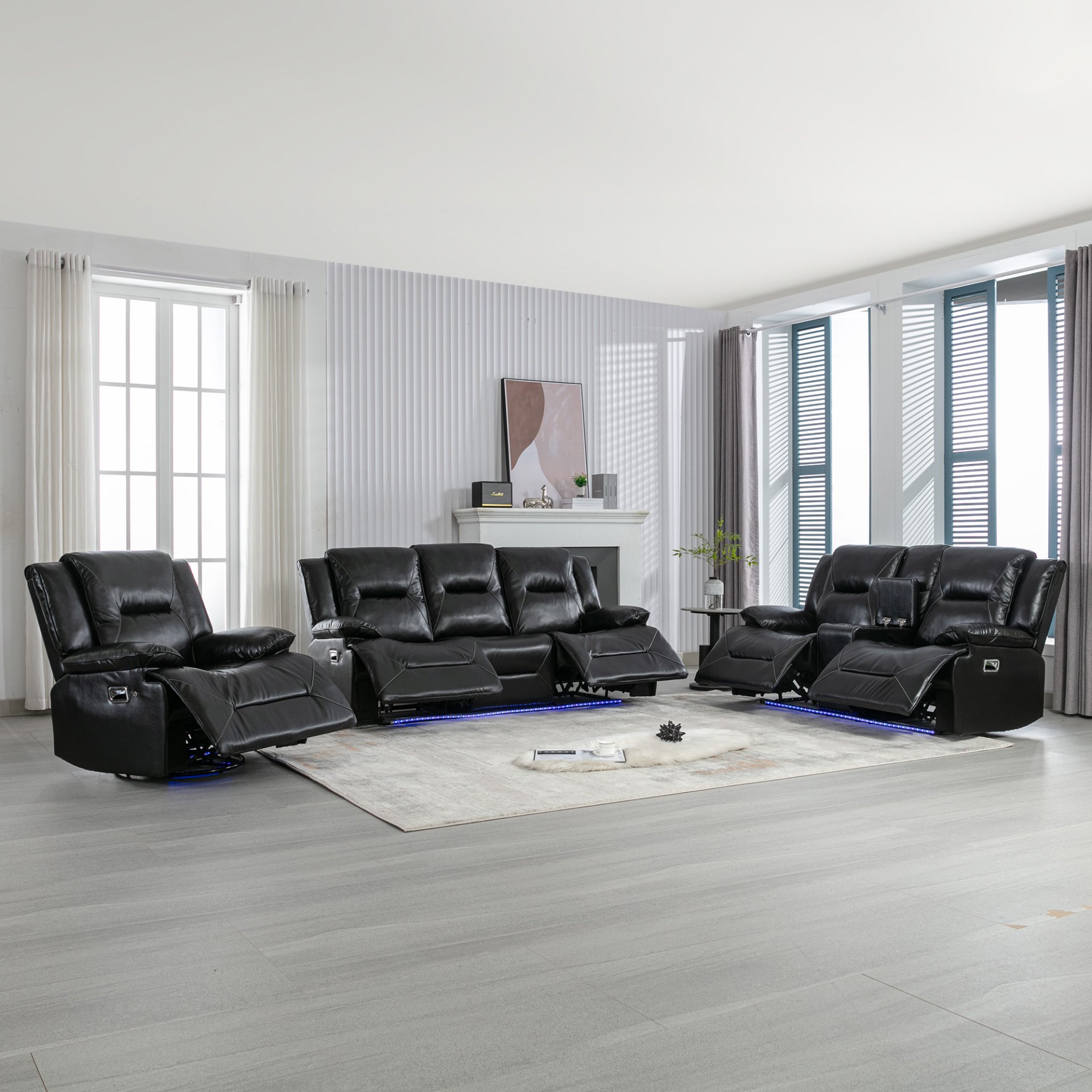 Home Theater Recliner Set Manual Recliner Chair With A Led Light Strip Two Built-In Cup Holders For Living Room - Black - Image 5