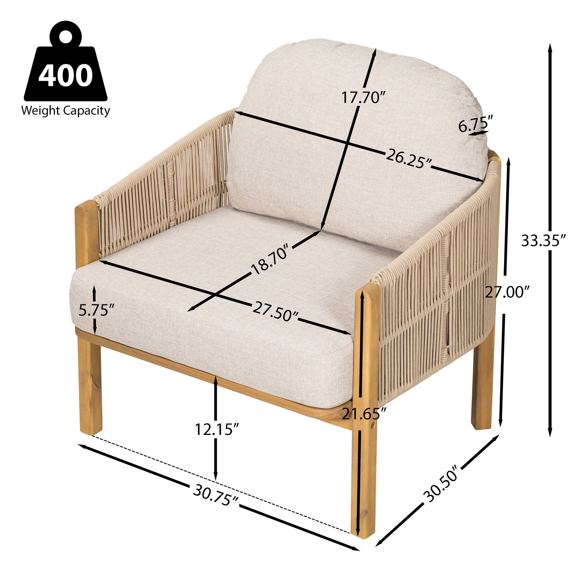 Grotta - Outdoor Wood Club Chair Set Rope With Cushion Frame - Teak / Beige - Image 3