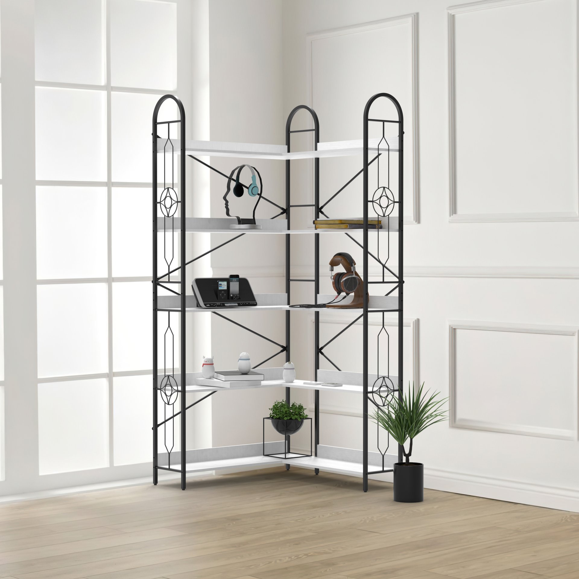 Industrial Style 5 Tier Corner Bookshelf With Thickened Iron Frame - Ivory White - Image 2