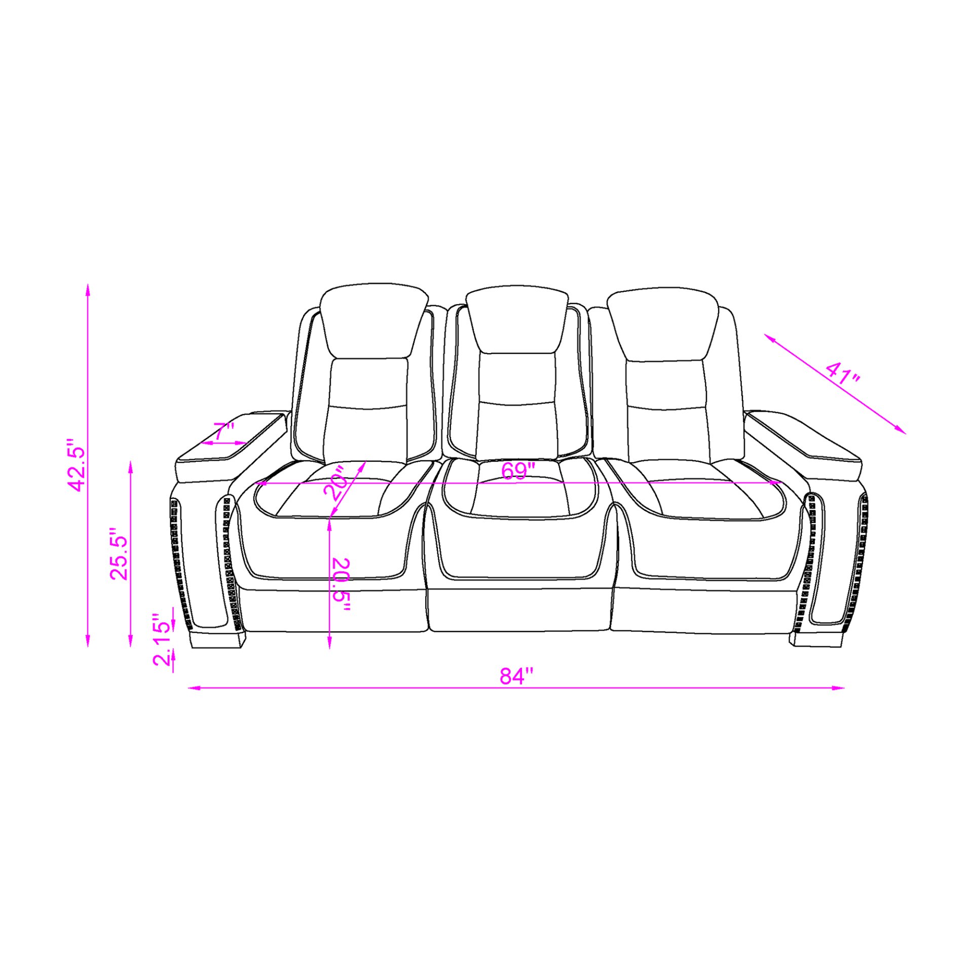 3 Piece Power Sofa Set With Recliner, USB LED Headrest, Bookshelf Arms, Drop Down Table And Storage Frame - Grey - Image 2