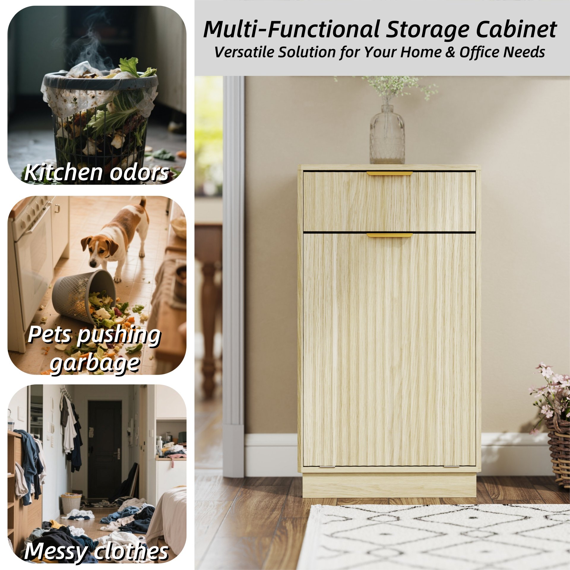 10 Gallon Tilt Out Trash Can Cabinet With Wave Textured Drawer - Oak - Image 6